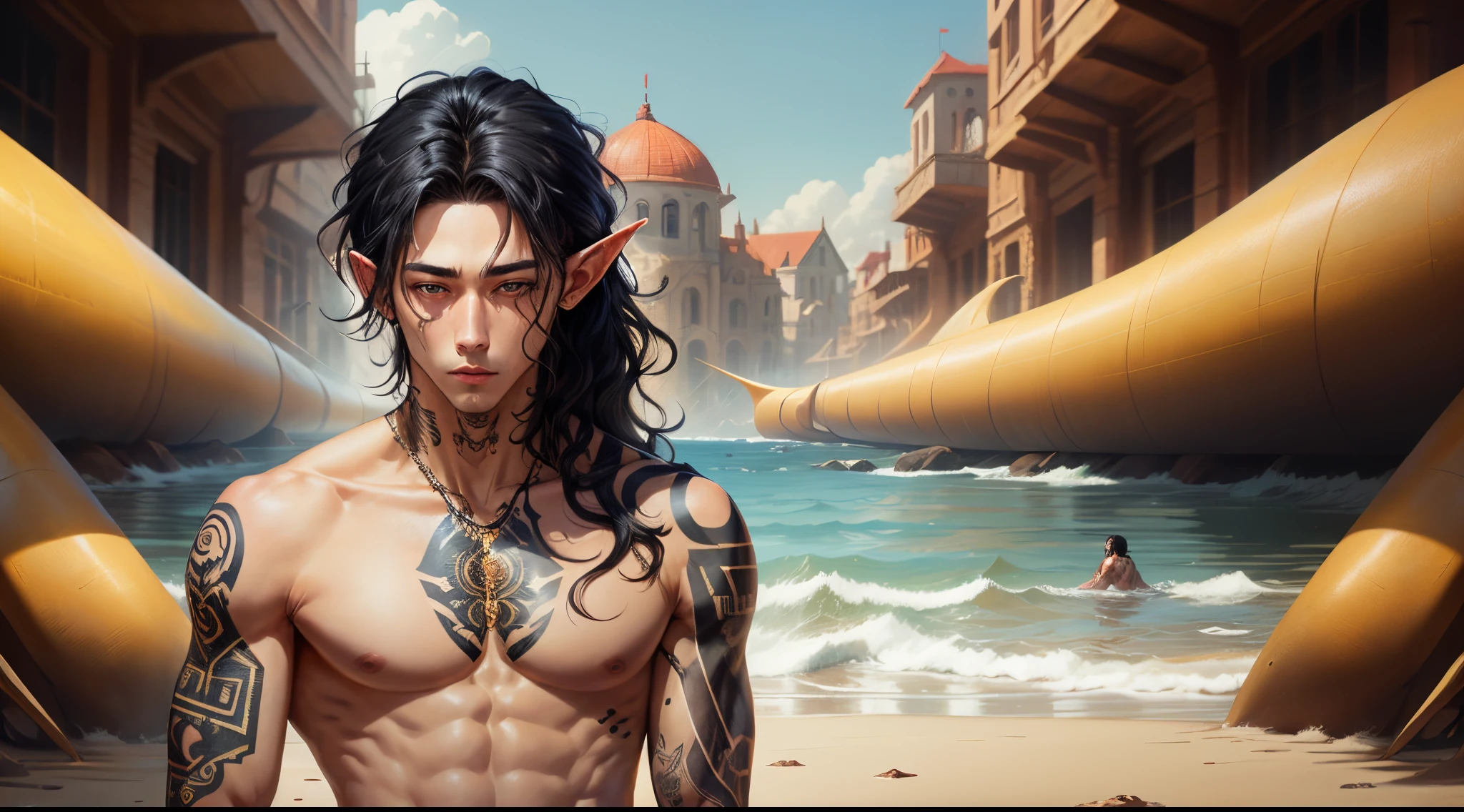 Shoulder length wavy black hair, black eyes, tan, elf, tattoos up his arm and half his neck, male