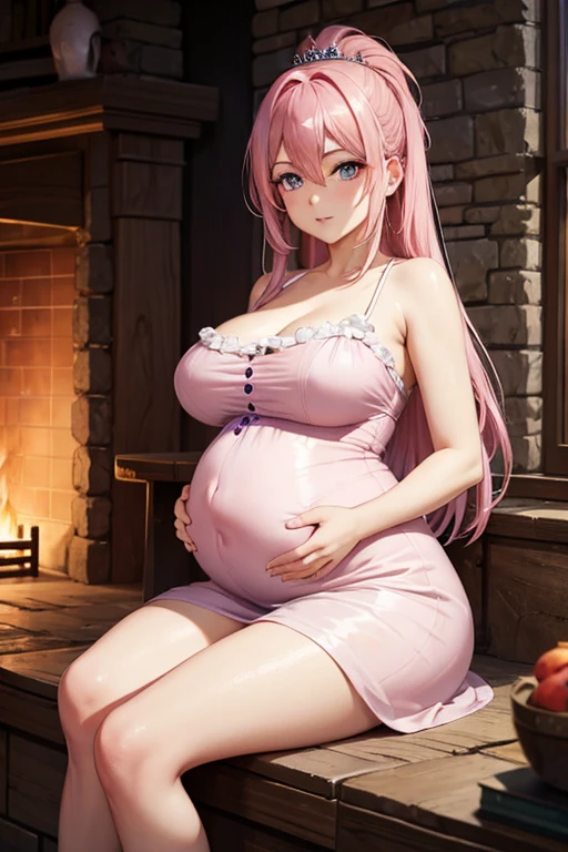 A pregnant  pink haired queen with violet eyes is sitting in front of a fireplace.