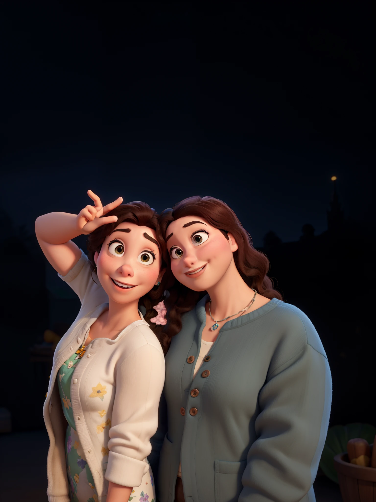 Create a best quality image inspired by pixar in 3d with a white woman with light brown wavy hair hugging a brunette woman with dark hair and dark eyes wearing a red dress