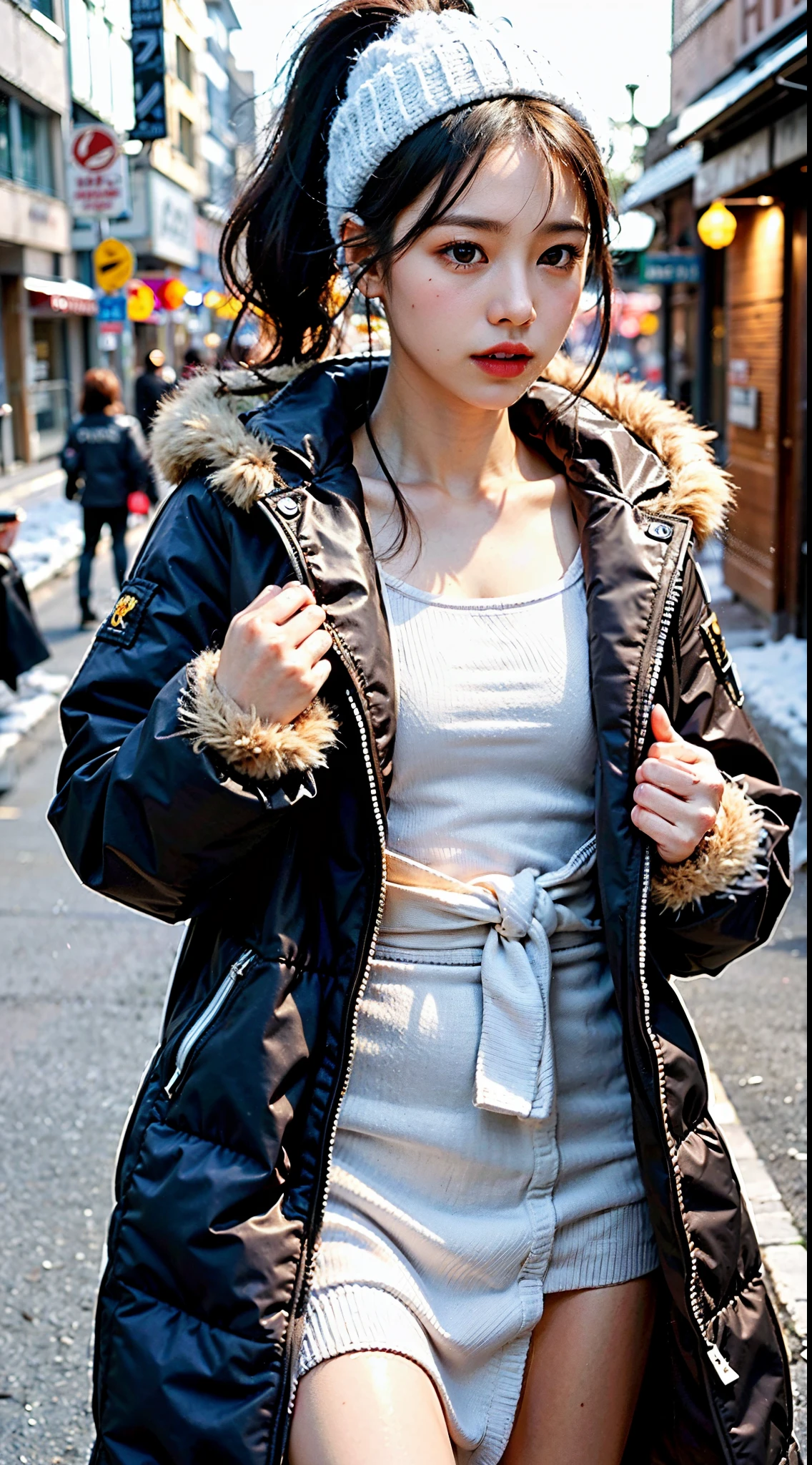 Random posture, mix4,(8K, Raw photo, Best Quality, masutepiece:1.2), (Realistic, Photorealsitic:1.37), Professional Lighting, Photon mapping, Radio City, Physically-based rendering,, Gradient Black Color Hair, Ponytail curly hair, Handsome, tomgirl, Warm thick coat,top quality picture, High resolution, 1080p, (Clear face), (Detailed face description), (Detailed hand description), (masutepiece), (Exquisite CG), extreme light and shadows, Ponytail hair, The work of the master, Rich details, (Fine facial features), (top quality picture), (masutepiece), (Detailed eyes),Look ahead with your eyes,Fine Collarbone, Warm cozy thick coat, outside of house, City Street, Winters, Snow-covered side, Large Thigh,Full body, Boy style,(Big ass),(((flat breast))),(tiny chest),Fur coat, ((The whole body, covered with a warm thick coat,)),  Fur coat,hood on head