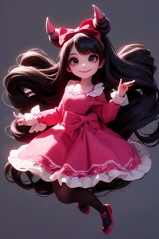 masterpiece, best quality, a (horned demon girl) smiling, wearing a lace cloth dress, black hair, red smokey eyes makeup, ((hair accesories)), tights, pumps, dramatic magic floating pose, (full body), (((sfw)))