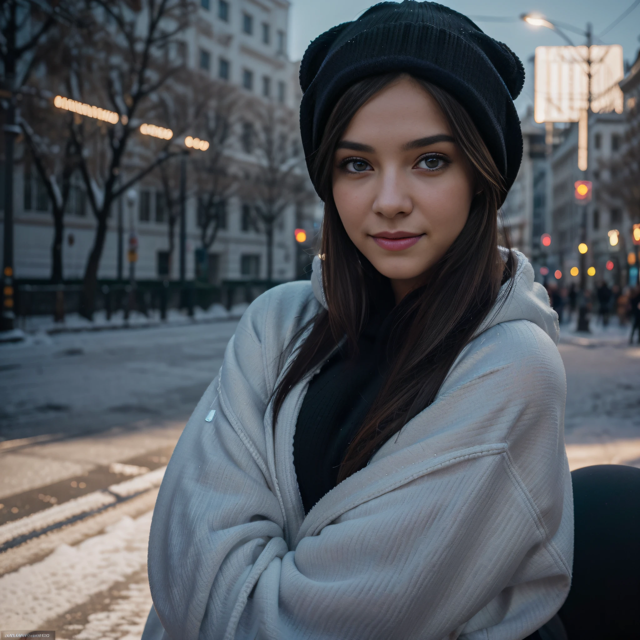 Selfie Masterpiece, (((phone selfie supermodel selfie shot))), (((magical lighting action shot))) (((beautiful fit pale smiling eyes goddess Ukraine woman in winter Ukraine surrounded in heaven vast fantasy landscape))) ((city of Kyiv Ukraine)), (((Wearing beanie))) (((a oversized Black hoodie, and black leggings, looking into the camera))) , ((( brunette hair, accurate hands accurate eyes))) moody lighting, blue hour, blue colors, very detailed, dramatic lighting, digital art trending on Artstation 8k HD high definition detailed realistic, detailed, skin texture, hyper detailed, realistic skin texture, armature, best quality, ultra high res, (photorealistic:1.4), high resolution, detailed, raw photo, sharp re, nikon d850 film stock photograph 4 kodak portra 400 camera f1.6 lens rich colors hyper realistic lifelike texture dramatic lighting unrealengine trending on artstation cinestill 800, (((accurate female anatomy, perfect eyes))) (((500px, fstoppers, photosight.ru, iso noise)))