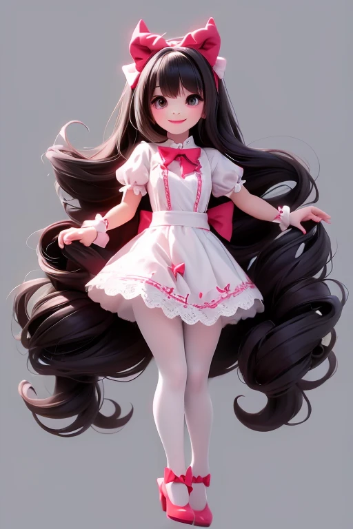 a (horned demon girl) smiling, wearing a lace cloth dress, black hair, red smokey eyes makeup, (((big hair bow))), white tights, pumps, dramatic magic floating pose, (full body), (((sfw)))