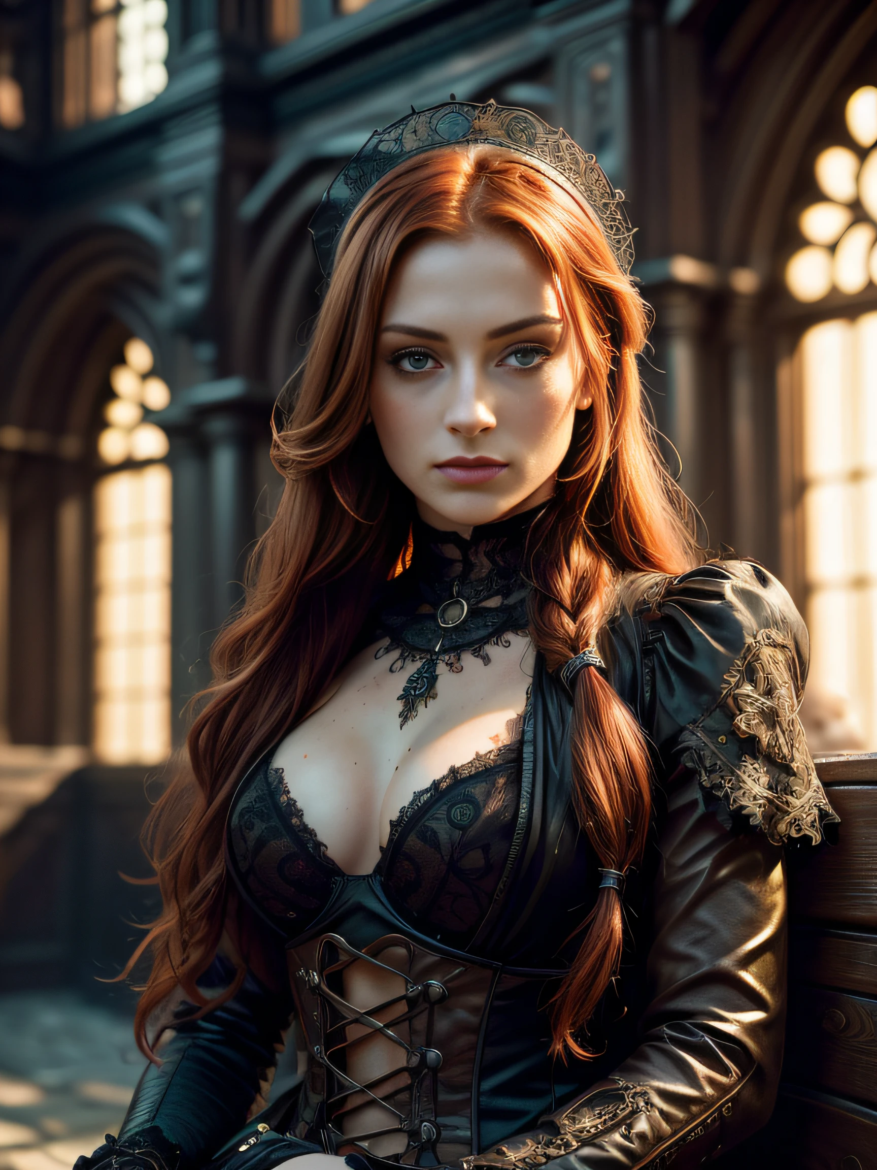 romantic gothic steampunk style, masterpiece, full color photo, best quality, 8k, artstation, sharp focus, ultrarealistic, high details, raw photo, Sophie Turner, long bright red hair, single braid , freckles, lace revealing body, amazing body, pronounced feminine feature, (redhead:0.4), (photorealistic:1.3), (highest quality:1.3), (film grain:1.3), ( world's best photography:1.3), (professional Photo:1.3), (detailed details:1.3), (cinematic light:1.3), ( cinematic color:1.3), maximum depth of field, film photography, (intricate details:1), (hyperdetailed:1), (((SFW))) looking into the camera, sitting on old street, gothic steampunk 1800s, golden hour, light in her eyes, glamour face