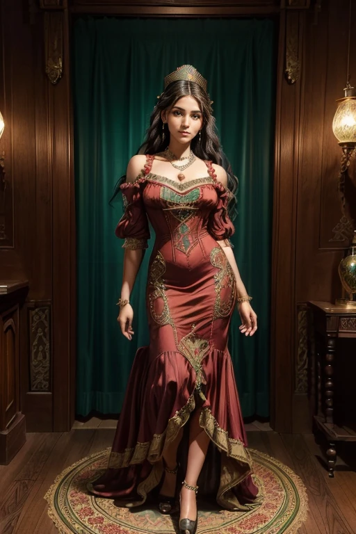 uma linda mulher elegante e rica ((cabelo longo amarrado com penteado vitoriano)), sorridente, corpo sexy, ((usando vestido da era vitoriana, verde, ouro, Purple)), ((Estilo vitoriano )), ((tiro de meio corpo)), ((ao fundo, a large room richly decorated with Victorian-era furniture)), (( Victorian Era Decor)), Daeni Estilo Pin, [Daniel F. Estilo Gerhartz: :0.5], Imagem UHD, Alugar, 8k, photo-realistic, epic stark lighting, Sharp, Realistic, Romantic, foco,(Numerosas obras-primas premiadas, with incredible detail, Maximum textures and details), (Imagem de corpo inteiro:1.8), (Parte superior do corpo para cima:0.3), (hiper realista:1.4), (Realista:1.3), (melhor qualidade de pele textura real), ((Araffe mulher cigana em vestido vermelho, Mulher mexicana bonita, mulher linda, mulher deslumbrante, mulher iraniana bonita, Rainha persa, mulher mexicana bronzeada bonita, massive flowing hair, linda mulher bonita, beautiful arab woman, mulher bonita, long flowing medusa hair)), (finely detailed true circle Symmetrical emerald green eyes), (rosto bonito finamente desenhado), ((Victorian-era full-body red dress with delicate decorations: 1.8),((uma bela mulher )), Bela, (leve sorriso), (lindos olhos coloridos cheios de alegria), vista majestosa, Brincos de vidro nas orelhas, (Imagem de corpo inteiro :1.8), (cabelo castanho), cabelo de longo, ((Looking forward towards the camera)), (Around her neck is a simple necklace of primosite finish), ao fundo Sevilha, Espanha, altamente detalhado, ultra-realistic, detalhes intrincados, pintura (cores quentes e vibrantes), ((master part,melhor qualidade)), ((Cinematic light)), hyper realistic, epic realistic,arte, (HDR:1.5), hiper detalhado, (Artee station:1.5), cinemactic, luzes quentes, Efeito de Luz, dramatic light, (detalhes intrincados:1.1), Antecedentes complexos, (Greg Rutkowski:0.8),32k ultra | | | | | | | | | | | | | | | | | | | | | | | | | |