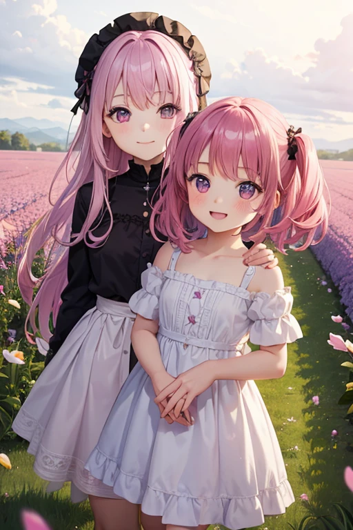 Two pink haired little girls with violet eyes are playing in a field of flowers