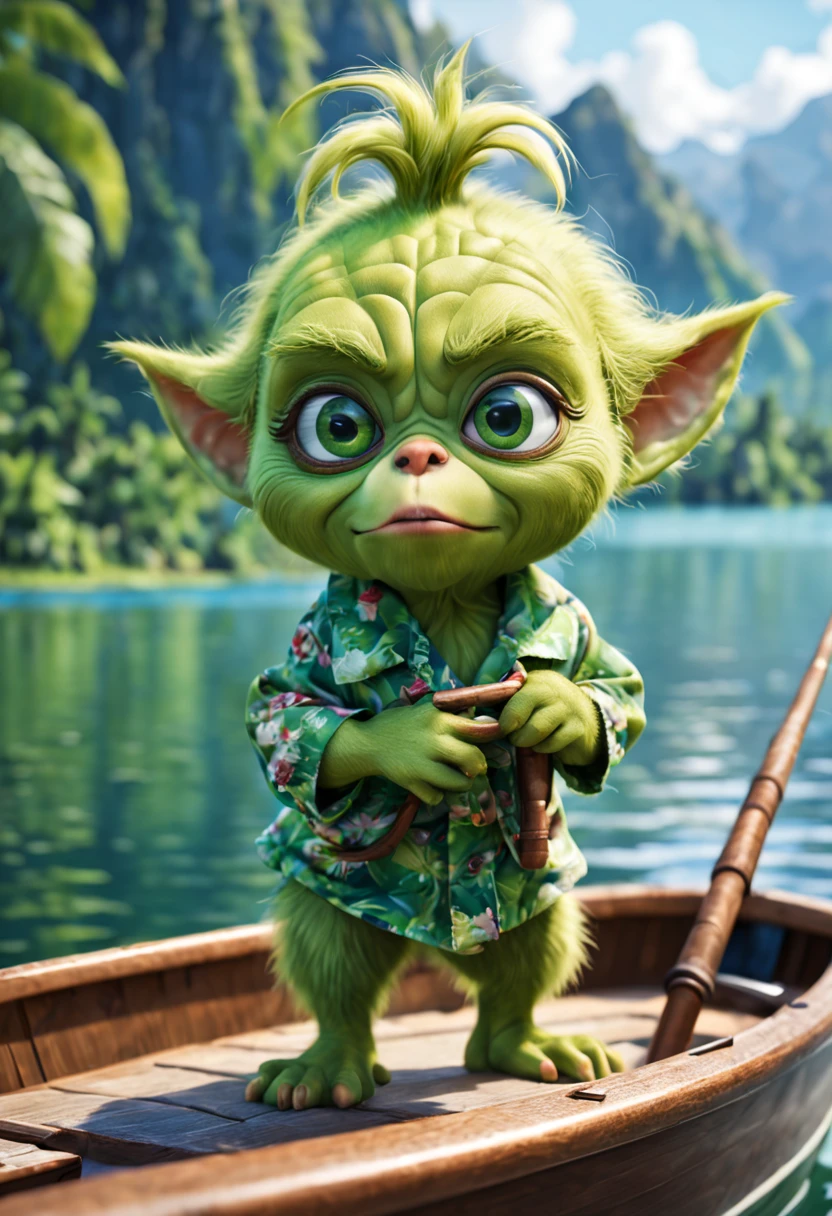 fantastically beautiful baby Grinch, huge expressive eyes, in a Hawaiian shirt, riding a boat on the lake, fishing, summer, against the backdrop of nature, fantasy art, ultra-detailed, hyperrealism, dark world, bokeh and shimmering dust, Christiandior, perfect lines, precise detailing,