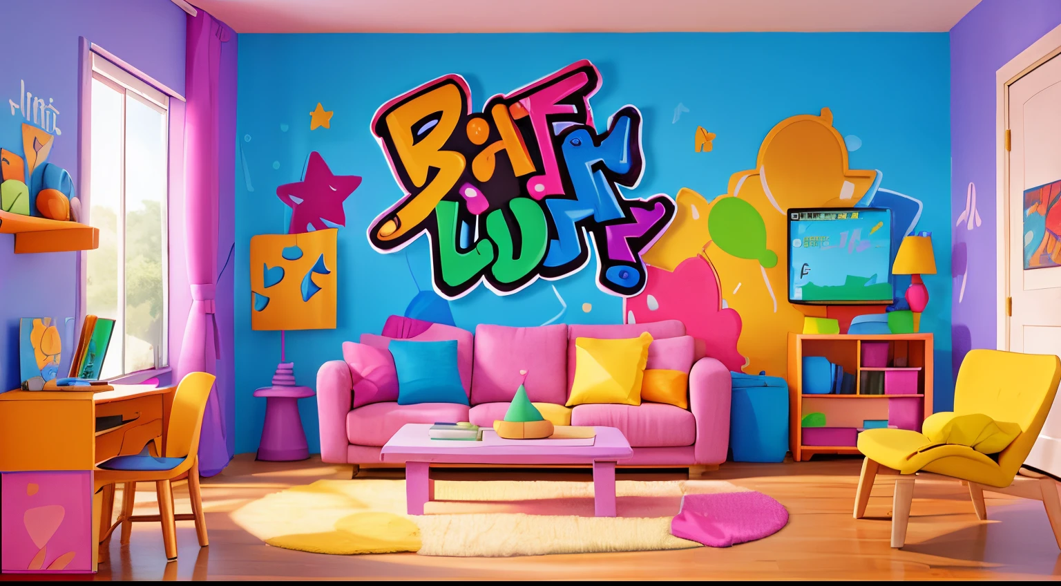 Create an image with colorful and fun graffiti on the wall