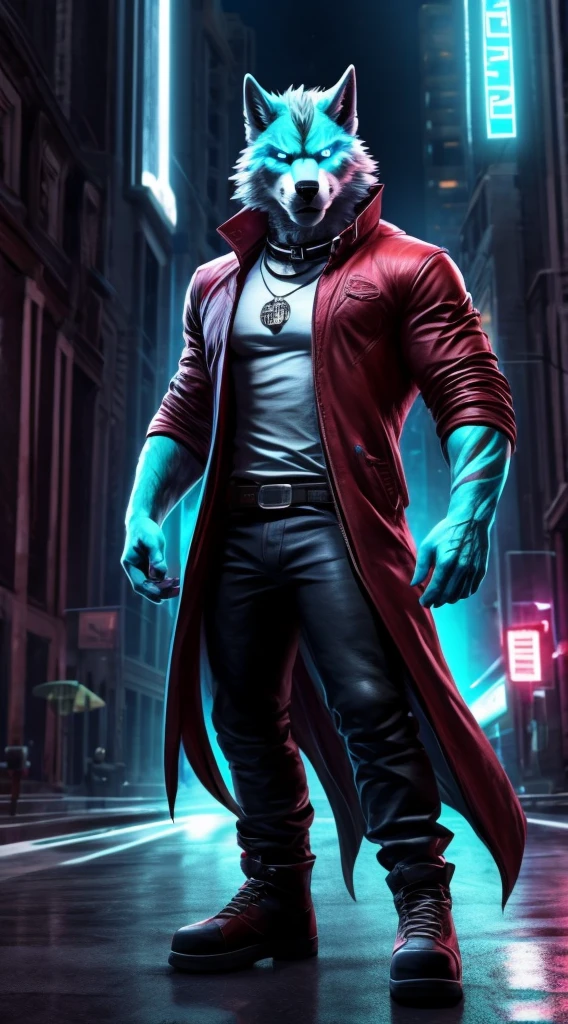 (Best Quality), 1 Male, Adult, Anthropomorphic Dark Gray Canid Wolf, Full Body, Standing Pose, Violet Eyes, Dark Gray Furs, Black Medium Hair, Wearing Dante's Clothes (from DmC: Devil May Cry one, released in 2013) and His Clothes Only, Muscular Body, Furry Paws as Hands, Good Looking, Serious Expression, Cool Pose, Red and White Shoes, 1 Big Cyan Horizontal Scar-like Facial Marking on the Right Side of the Right Eye, 2 Medium Cyan Vertical Scar-like Facial Markings Beneath of the Left Eye, Holding Sports Sunglasses in one of His Hands, City Background, No Pelvic Bulge, Wearing a Shirt, Shirt with a Stamp of an Yellow Atom.