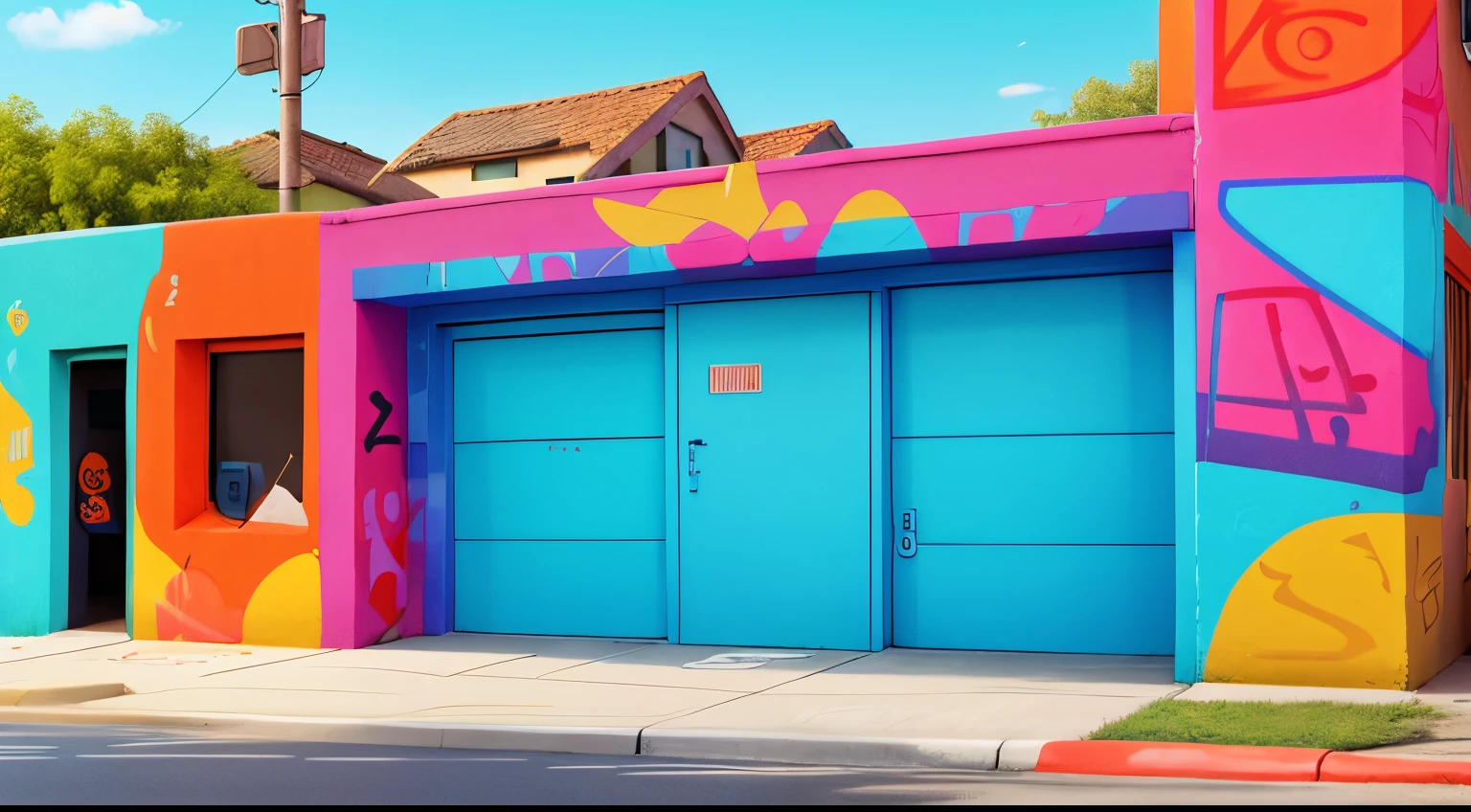 Create an image with colorful and fun graffiti on the urban street wall. Blue, orange, red and yellow colors