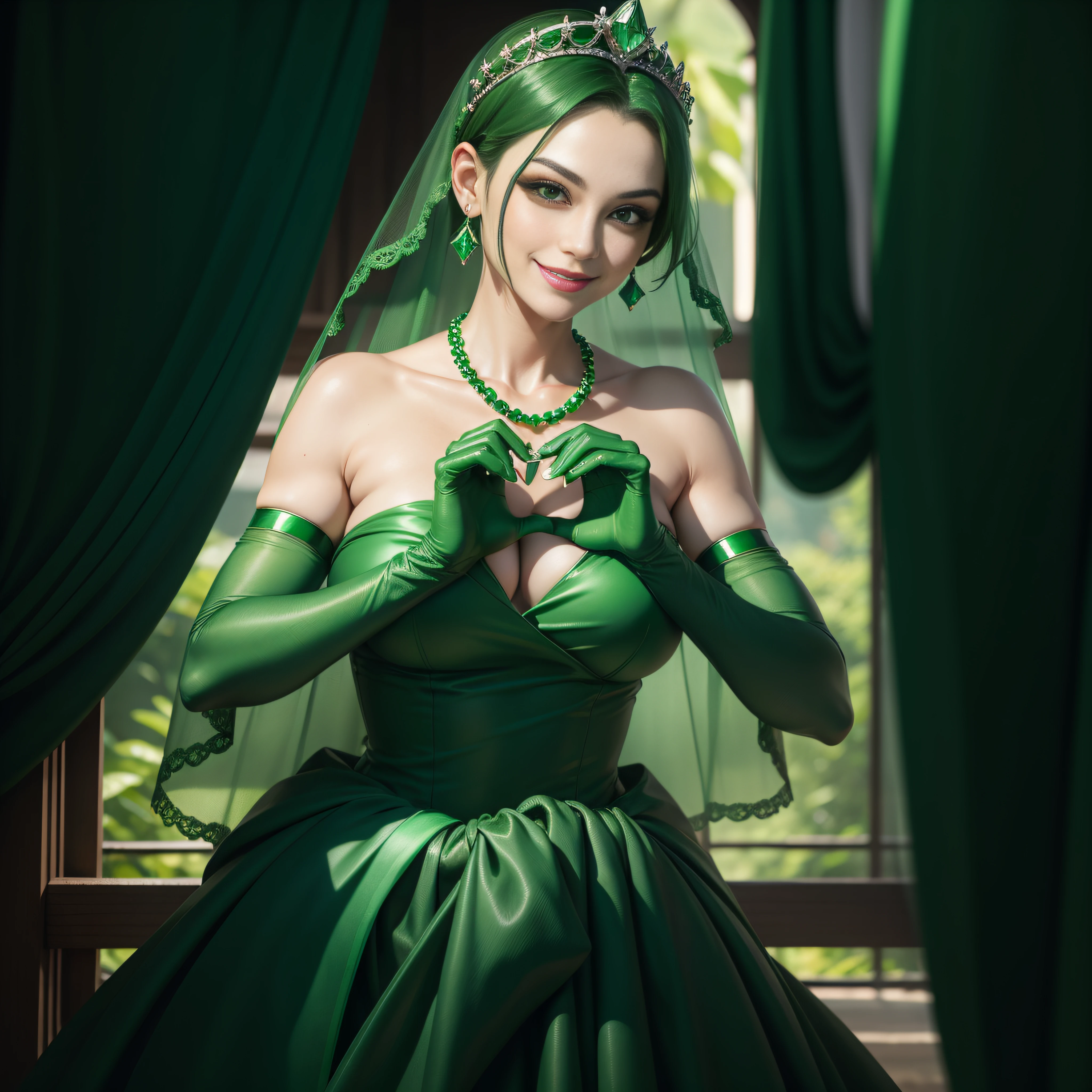 emerald tiara, Green Pearl Necklace, Boyish very short green hair, lipsticks, Japan woman smiling, very short short hair, big breasts beautiful, Green eyes, Long green gloves made of satin material, Green eyes, Emerald Earrings, green vale, Heart with both hands, Green hair