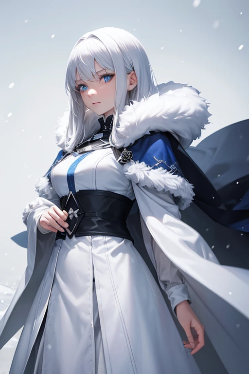A white haired woman with blue eyes is standing in a snow storm in a fur cloak