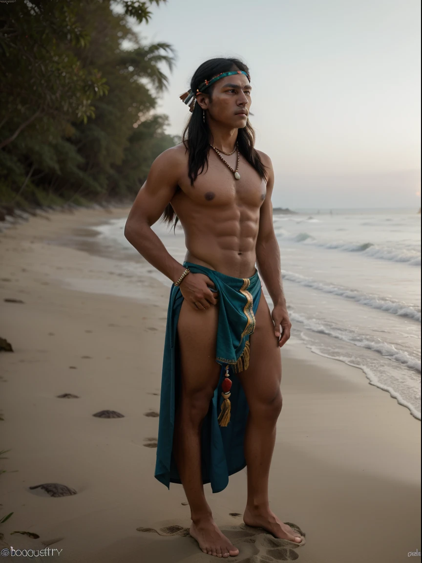 RAW photo, (full body shot:1.2), 1 man, young man in a native american headdress standing on the beach, indigenous man, native american, (androgyne), wearing loincloth, indian warrior, booty focus, long slender legs, loincloth, mexican warrior, provocative indian, aztec bathing suit, twink, native american warrior,speedo, ((masterpiece)), ((bestquality)), 8k,high detailed, ultra-detailed, Neutral Expression, Stylish Pose, real skin texture, cinematic lighting, (full body shot) , (natural pose:1.2) , (detailed beautiful skin:1.2) , (beautiful detailed face:1.2) , textured skin, (detailed face and eyes:1.3)