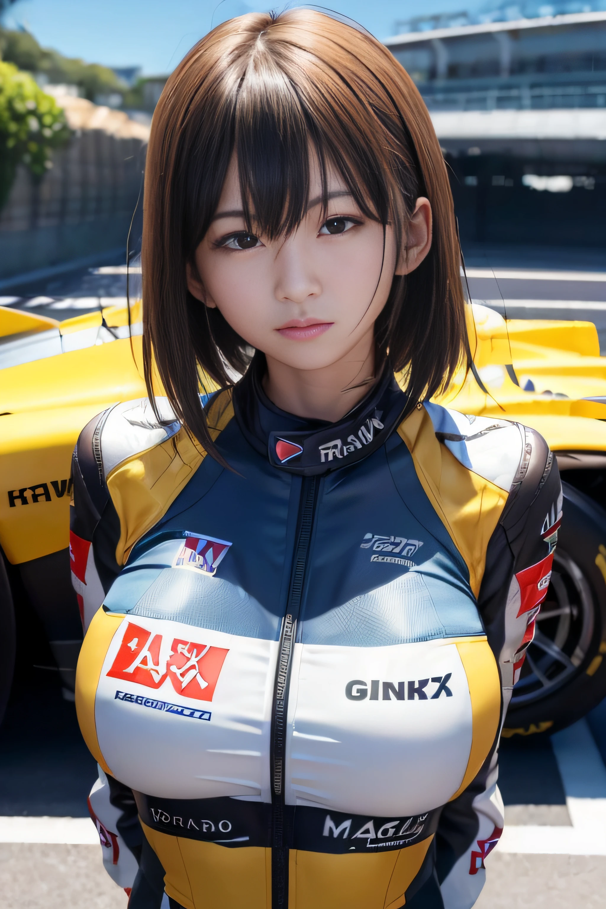 ((RAW image quality:1.4))、8K分辨率、Ultra-high-definition CG images、Japanese female racer in a yellow racing suit standing in front of a blue formula car　F1　circuit　a blond　Shortcut Hair　Monaco Grand Prix　standing with arms crossed　cleavage of the breast　Portrait　portlate