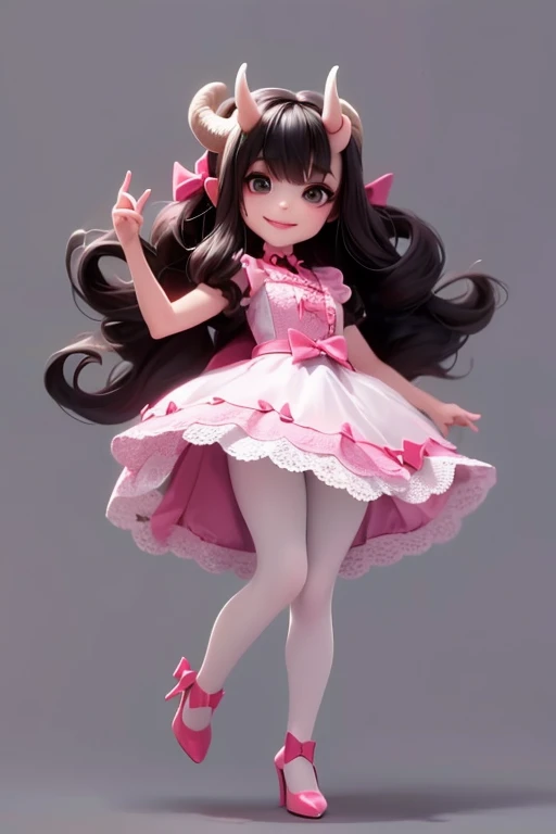 a (((horned demon girl))) smiling, wearing a lace cloth dress, black hair, red smokey eyes makeup, ((big hair bow)), white tights, pumps, dramatic magic floating pose, (full body), (((sfw)))