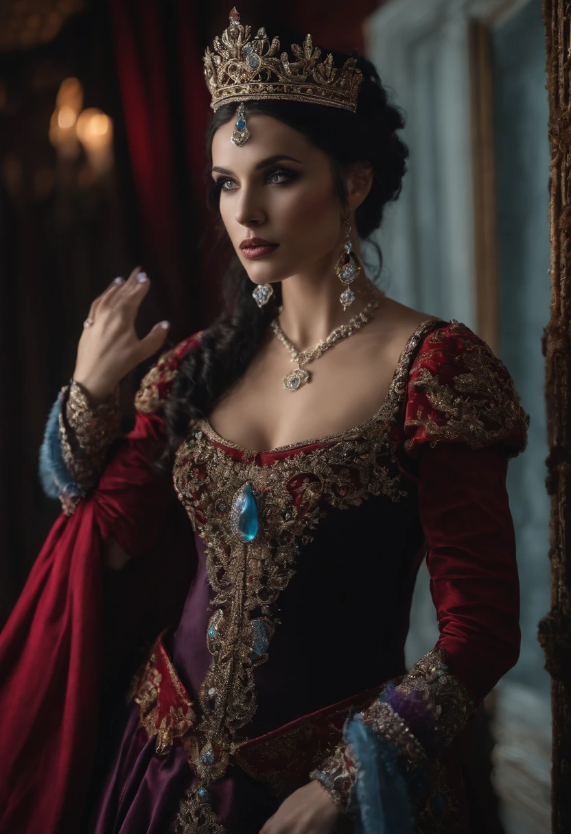 A photo of the character standing in front of a mirror, trying on an extravagant crown and holding a scepter.,original,She has long, ebony black hair with purple streaks and red tips, icy blue eyes "like limpid tears" (even when they've mysteriously turned red), and she only wears clothing from Hot Topic.