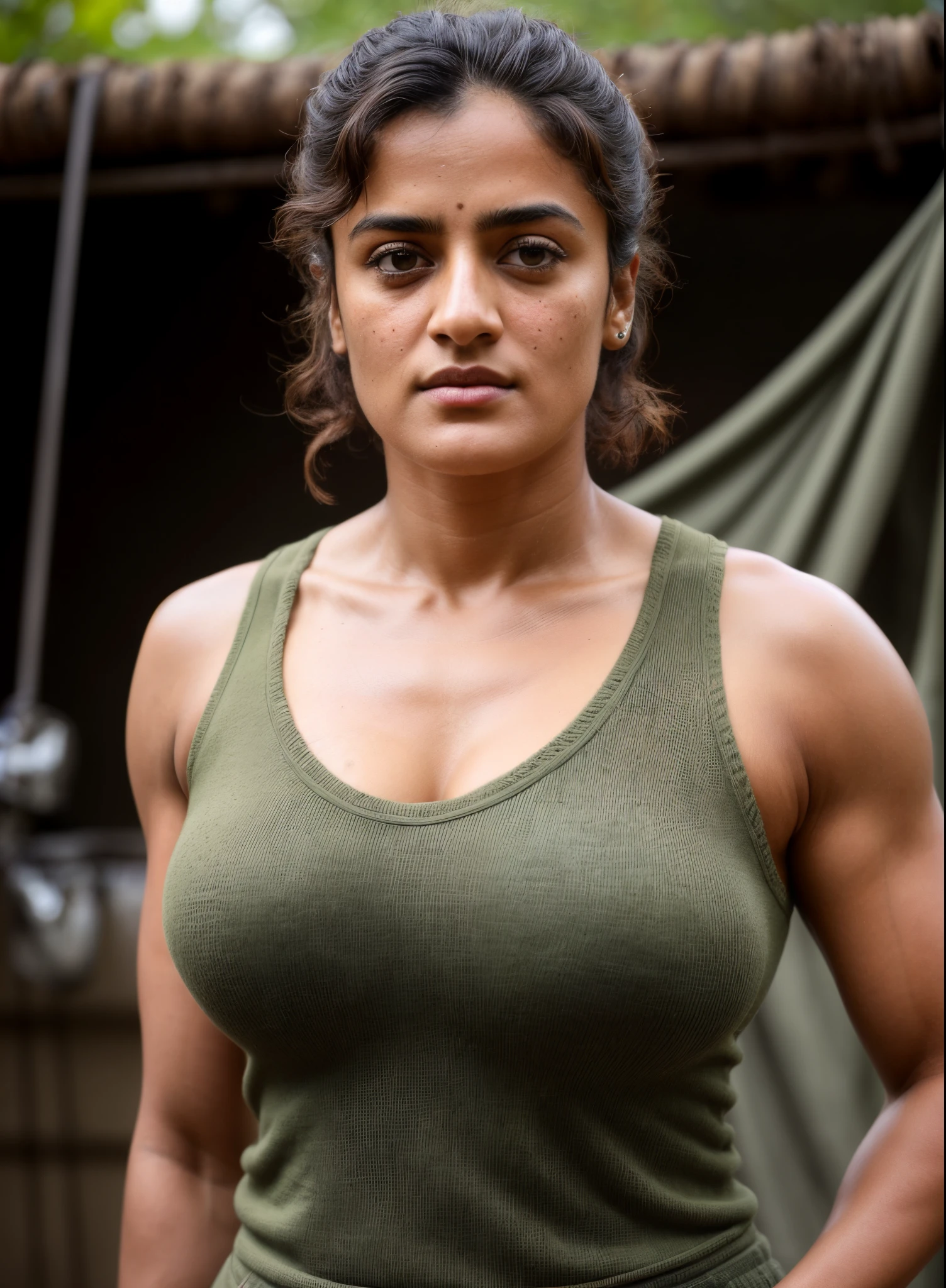 Face of PV Sindhu and Tapsee Pannu, perfect thick dusky Beauty, dynamic lighting, wearing olive green Knit Cami top, She is the combination of Beauty and power, detailed hairy armpits, super hot cop, mascular Woman doing exercise, full of sweat, sweaty body, sweat, shiny skin, movie stills, cinematic portrait, cinematic Lightning, Highest quality, (dramatic lighting:0.7), masterpiece, high angle shot, perky breast, big tight breast, RAW photo of (pale 45 year old military Special Force woman with short styled hair, mascular woman with heavy physique, looking up at the viewer), cute, Extremely sweat, (wearing sleeveless
square neck vest, thin cotton ), doing free hand excercise in a military camp in jungle, portrait, perfect face, beautiful eyes, vivid detail, (highly detailed skin), freckles, sfw, (blue tint:0.6), (dirty:0.8), (bloody:0.7), key lighting, (backlighting:0.5), medium depth of field, photographed on a Canon 5D, 50mm lens, F/4 aperture, (hyperdetailed, intricate details), sharp focus, muted colors, 8k, absurdres, 8mm film grain, war photography, perfect eyes, detailed eyes, sharp focus,