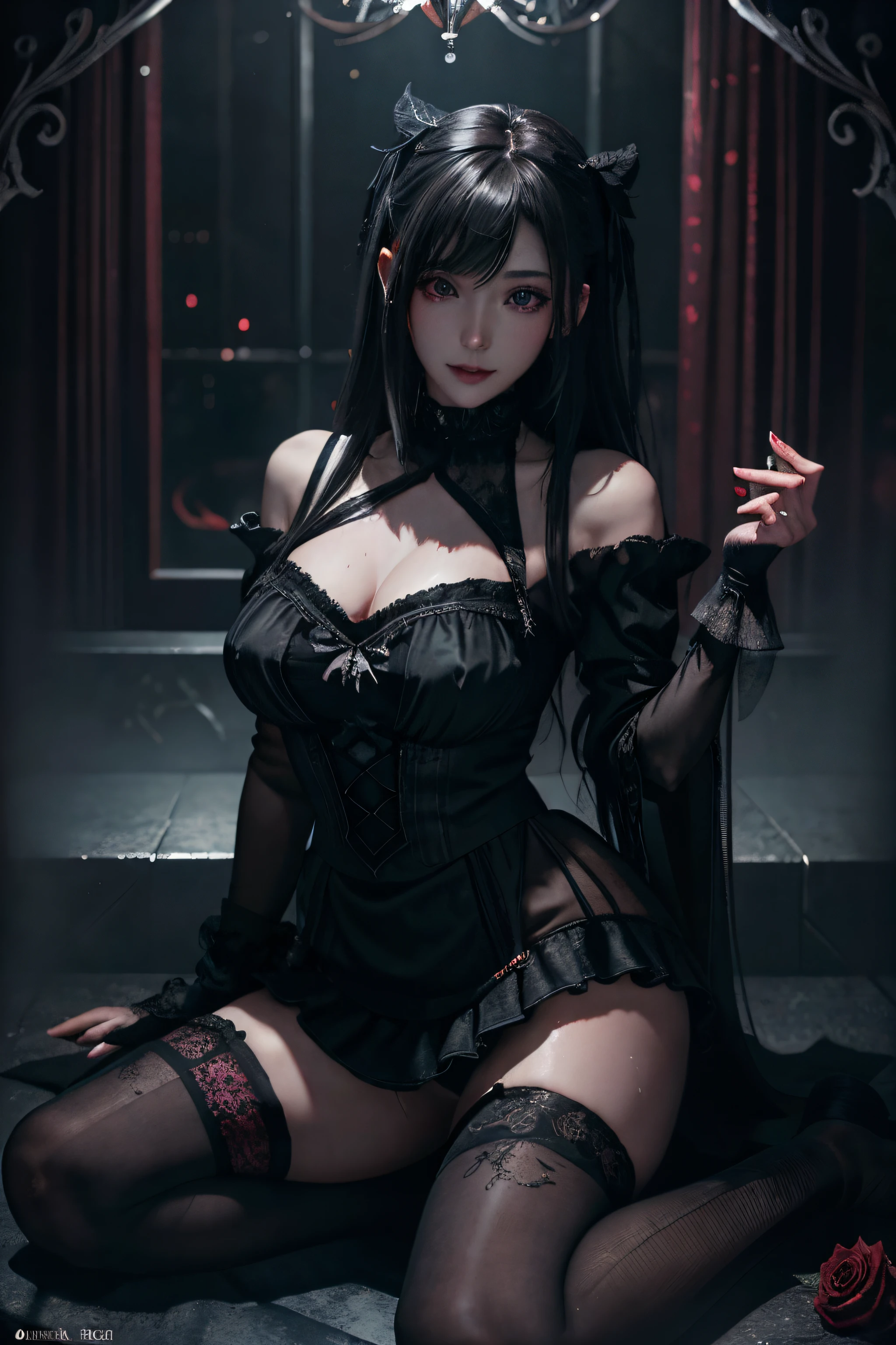 black lipstick、blacklips、black lips、Maniacal、Deep night sky、horor、Black Dark Eyeshadow、Good skin luster、Long hair straight hair、Dark smile、Restless Palace、Fragrant beauty、age19、Lying、Dark Gothic、bell sleeves、Wizard Sleeve、Stained glass background、masutepiece、Best Quality、Refers to 5 books、Sweat glitters on my chest、Drunken face、Mysterious、noble、the body is wet and shiny、Transcendent  appeal、open your legs sloppily、Lots of glitter on the thighs、I'm sweating a lot、twin-tail hair、my thighs are extremely wet、Jet black ruffled skirt、Shaded、Blue eyes on the right, red eyes on the left、Gothic bed covered with roses、knee high socks、thigh-high socks、Sticky and profuse sweat on the thighs、Tons of sticky shiny thighs、Sweat shining generously on the thighs、The whole body is shiny with sweat、Glamour、platform heel shoes、Quite sweaty、My thighs are sweaty、Mysterious dark gothic dark black makeup、Chest size is modest、black metal world、Red Gothic Dress、Thighs are glamorous、stain glass、Gothic lolita、Height is 158cm、Platinum blonde hair、