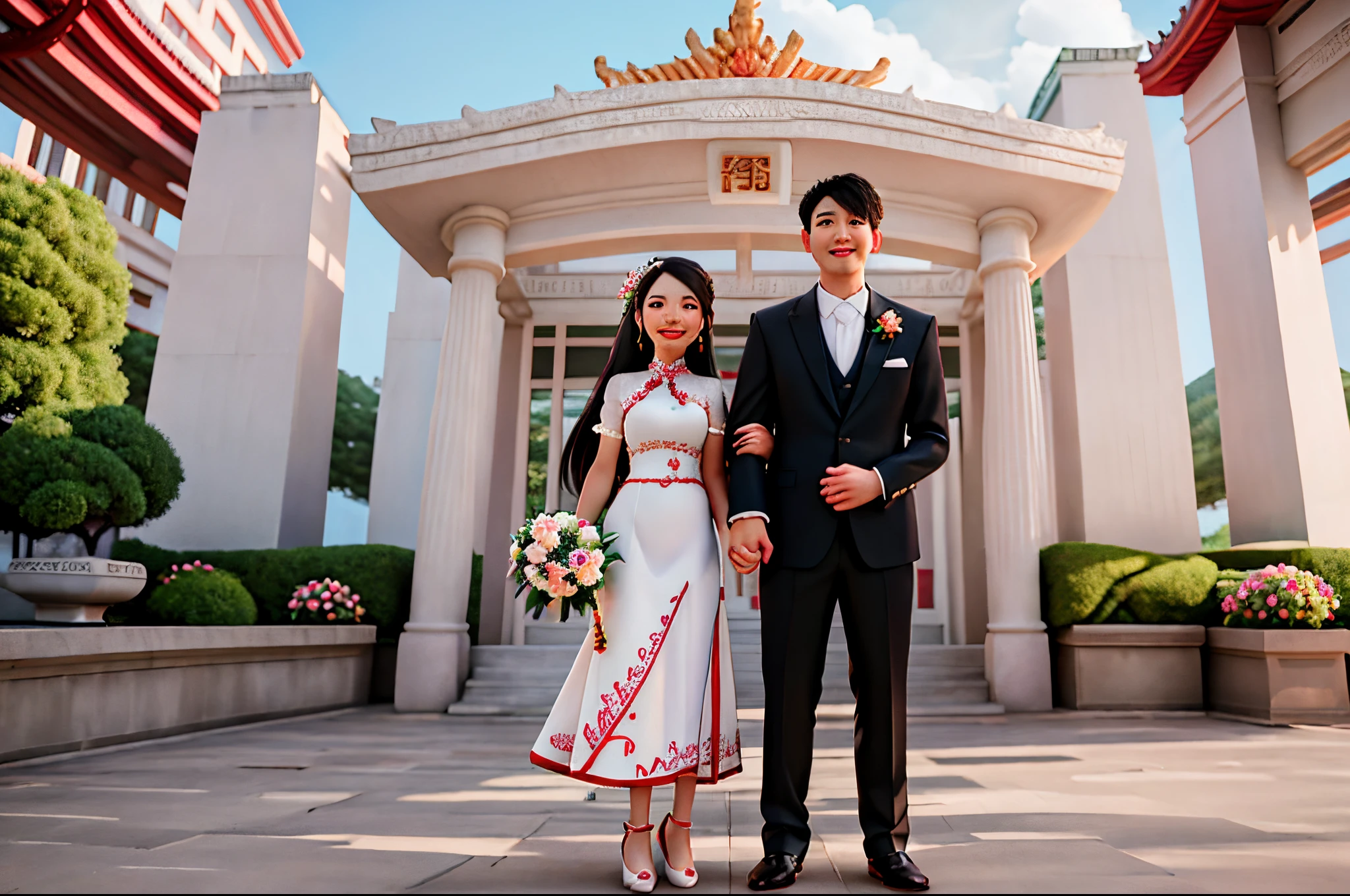 The Asia groom and the bride , Full body wedding photo ,solidbackground, laser candy paper color ,Soft light, High detail , 8K, Photography ,hyperphotorealism, varied dreamy clouds, Realistic ,star flash ,