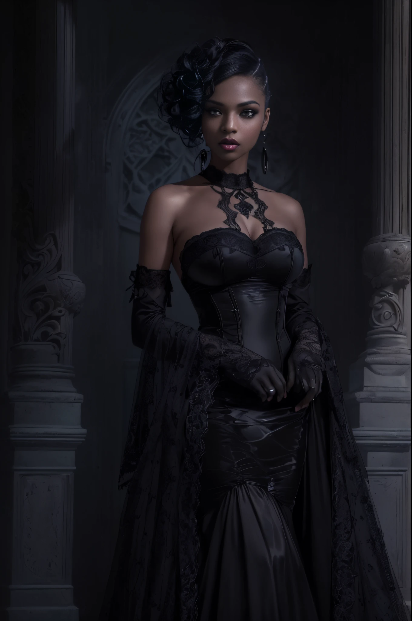 (best quality, 4k, 8k, highres, masterpiece:1.2), ultra-detailed, (realistic,photorealistic,photo-realistic:1.37), gorgeous light skin black woman, vampire, seductive gaze, elegant posture, gothic background, sensual beauty, gothic fashion, black gothic mini gown, pantyhose, dark colors, moody lighting, full body pose