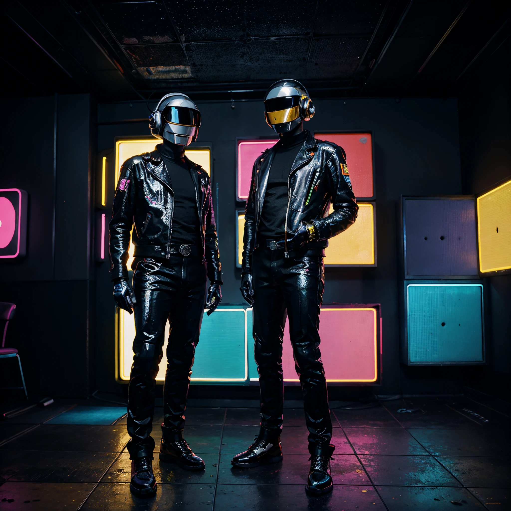 Painting of Daft Punk performing as DJs. Half body shot. Scene is inside a Cyberpunk nightclub, neon dancefloor, Shiny Disco Ball shining with reflections. Neon signs in the background. Photo realistic, hyper realistic. Masterpiece. Extremely detailed. Art.