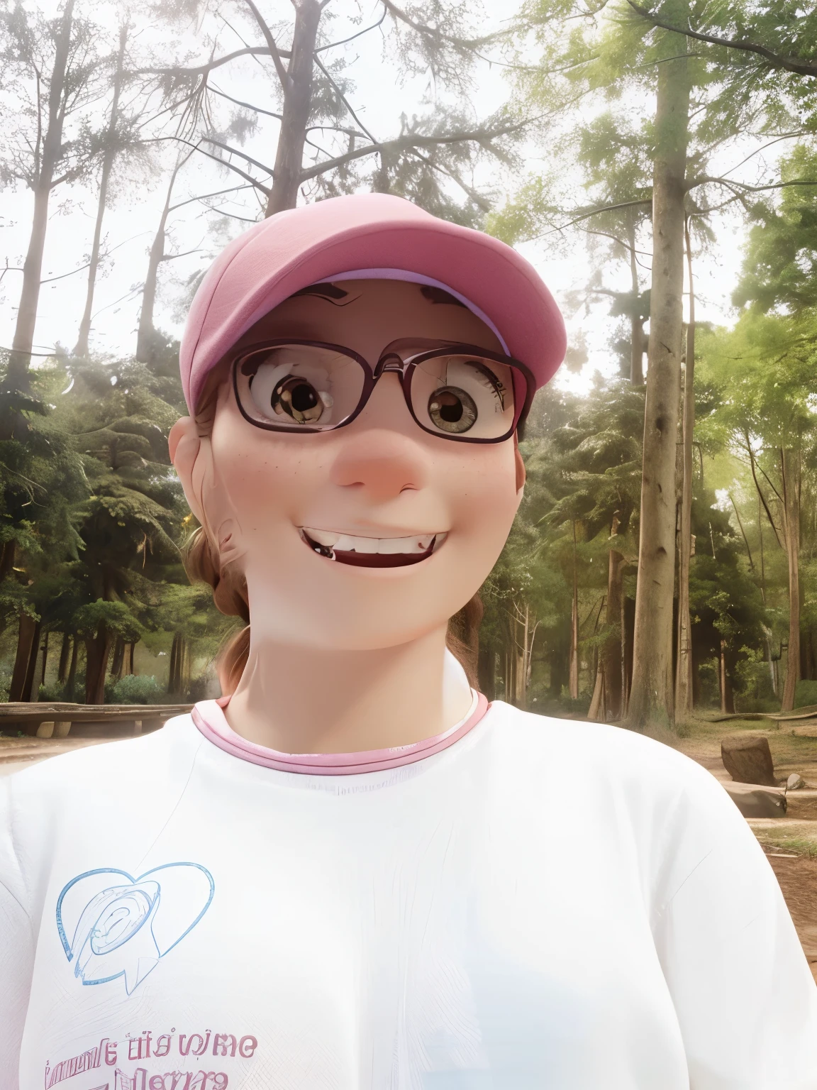 Estilo Pixar, girl wearing a pink cap with light brown hair tied up smiling wearing a white t-shirt with thin stripes on the collar blue and red forest background