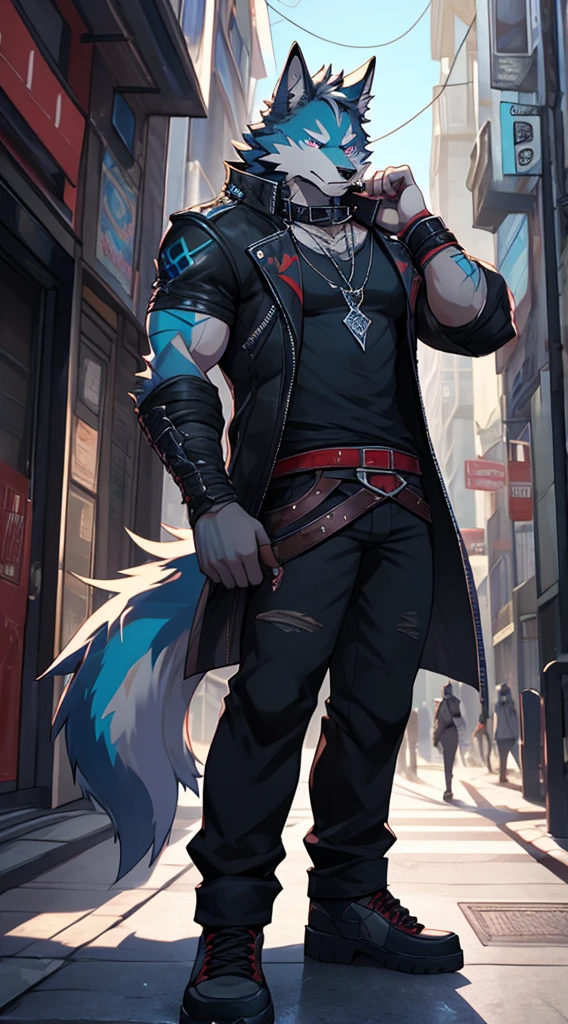 (Best Quality), 1 Male, Adult, Anthropomorphic Dark Gray Canid Wolf, Full Body, Standing Pose, Violet Eyes, Dark Gray Furs, Wolf Tail, Black Medium Hair, Wearing Dante's Clothes (from DmC: Devil May Cry one, released in 2013) and His Clothes Only, Muscular Body, Furry Paws as Hands, Good Looking, Serious Expression, Cool Pose, Red and White Shoes, 1 Big Cyan Horizontal Scar-like Facial Marking on the Right Side of the Right Eye, 2 Medium Cyan Vertical Scar-like Facial Markings Beneath of the Left Eye, Holding Sports Sunglasses in one of His Hands, City Background, Wearing a Shirt, Shirt with a Stamp of an Yellow Atom, No Collar.