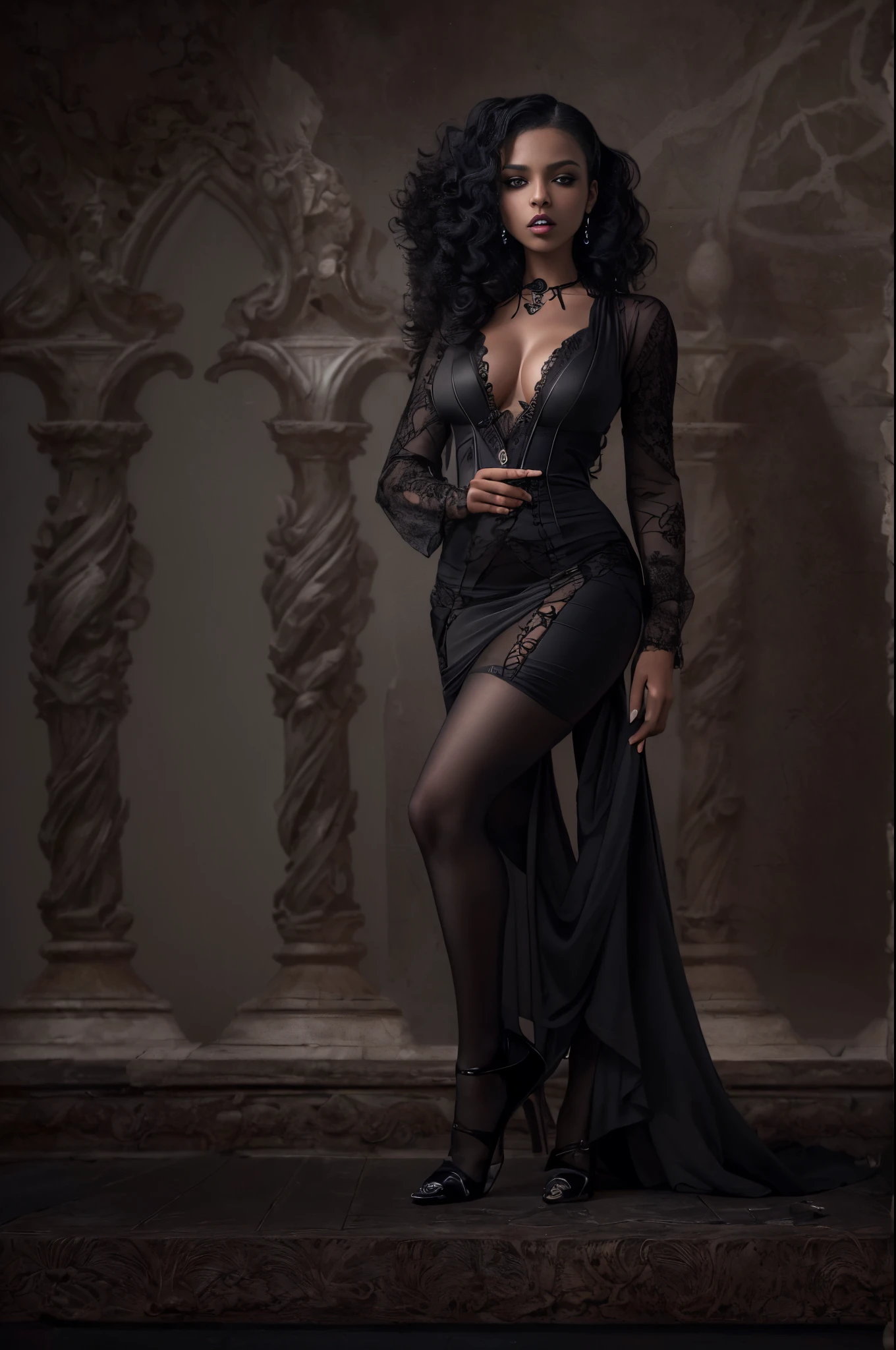 (best quality, 4k, 8k, highres, masterpiece:1.2), ultra-detailed, (realistic,photorealistic,photo-realistic:1.37), gorgeous light skin black woman, vampire, seductive gaze, elegant posture, gothic background, sensual beauty, gothic fashion, black gothic mini gown, pantyhose, dark colors, moody lighting, full body pose