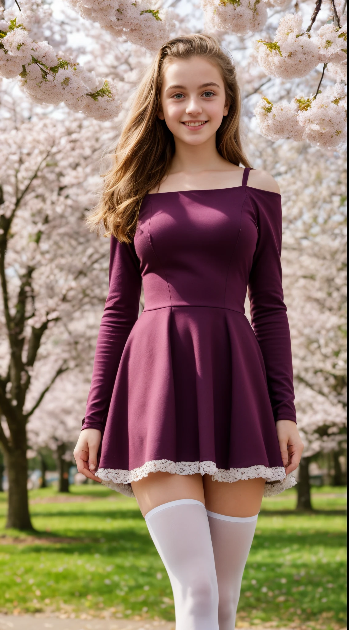 -teen, European,nde, small breasts, big eyes, long legs, close-up of thighs, dress with lining, powder tights, heeled sandals, park background, tree, cherry blossom, ray tracing , HDR