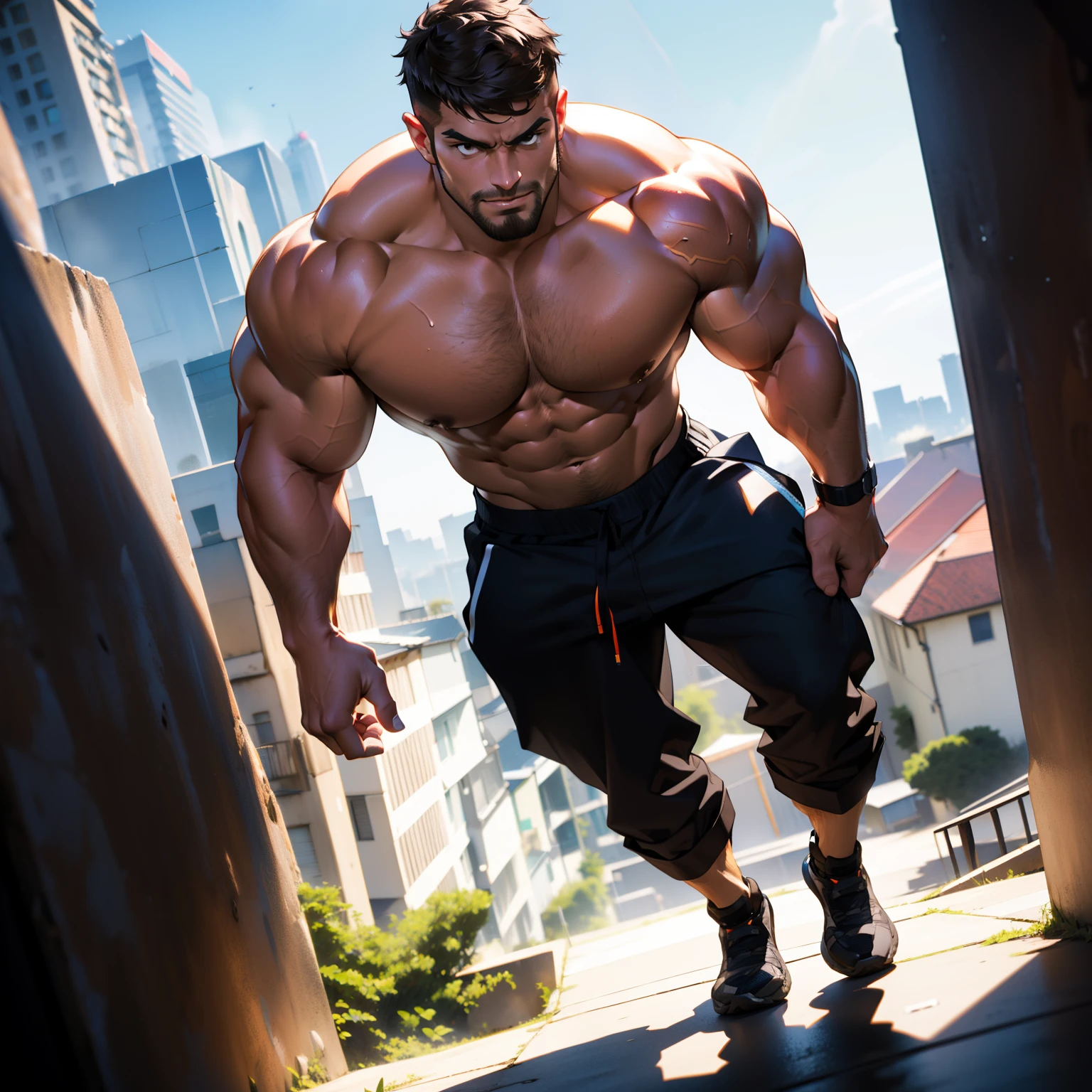 Artwork, full HD, high quality, Generate one (((anime-style art))) with a high-angle photo of a muscular male character with his body facing the camera, THE CHARACTER IS STANDING ON TOP OF A TALL BUILDING, The protagonist must have a (((extremely muscular body)))), very tall, similar to that of a bodybuilder. The character must have very short hair with bangs (((dark brown))) and must be wearing a reda small thong and nothing else.The image should depict the character's entire body, focusing on his intimidating posture. The protagonist must exude strength and dominance, displaying a powerful presence. The scene should feature only the muscular character, THE CHARACTER SHOULD BE ON TOP OF A BUILDING SHOWING A LARGE CITY BELOW HIM,((( (High quality)))
