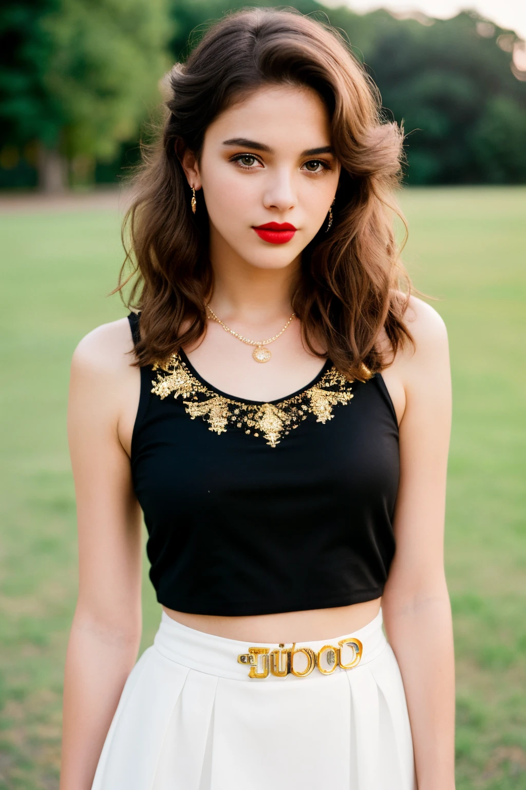 intricate detailed, sharp focus, photo-realistic, ultra-quality, high resolution, 8k resolution, 1080p, (masterpiece: 1.2, best quality), full shot photo of 15 year old girl wearing low cut sleeves white tank top, mid waist contour fitting black skirt, light brown hair, medium hair, tan skin, parted lips, lip stick, jewelry, golden hour, 35mm, f/2.8, photographed by Ellen von Unwerth