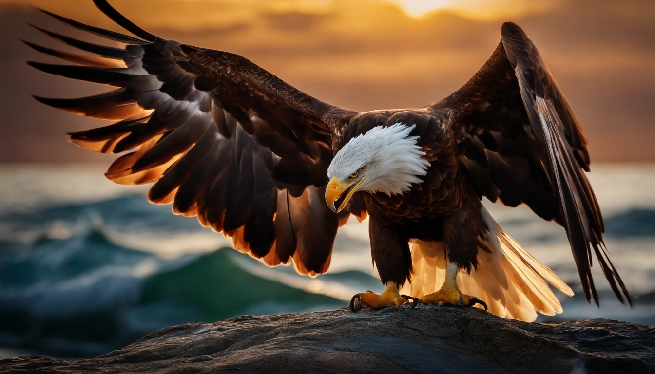 An eagle with a crab attached to its face on a rock in the middle of the sea