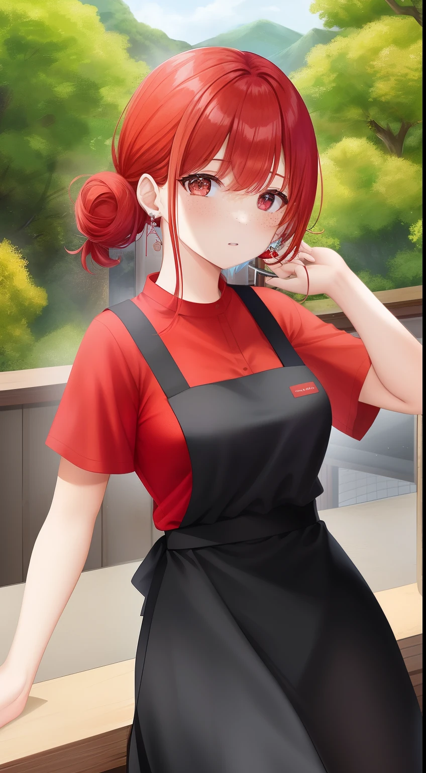 a red haired woman in black short sleeves and a white apron, 1girl, freckles, solo, jewelry, red hair, pants, breasts, looking at viewer, earrings, shirt, short sleeves, parted lips, bangs, hair bun, black pants