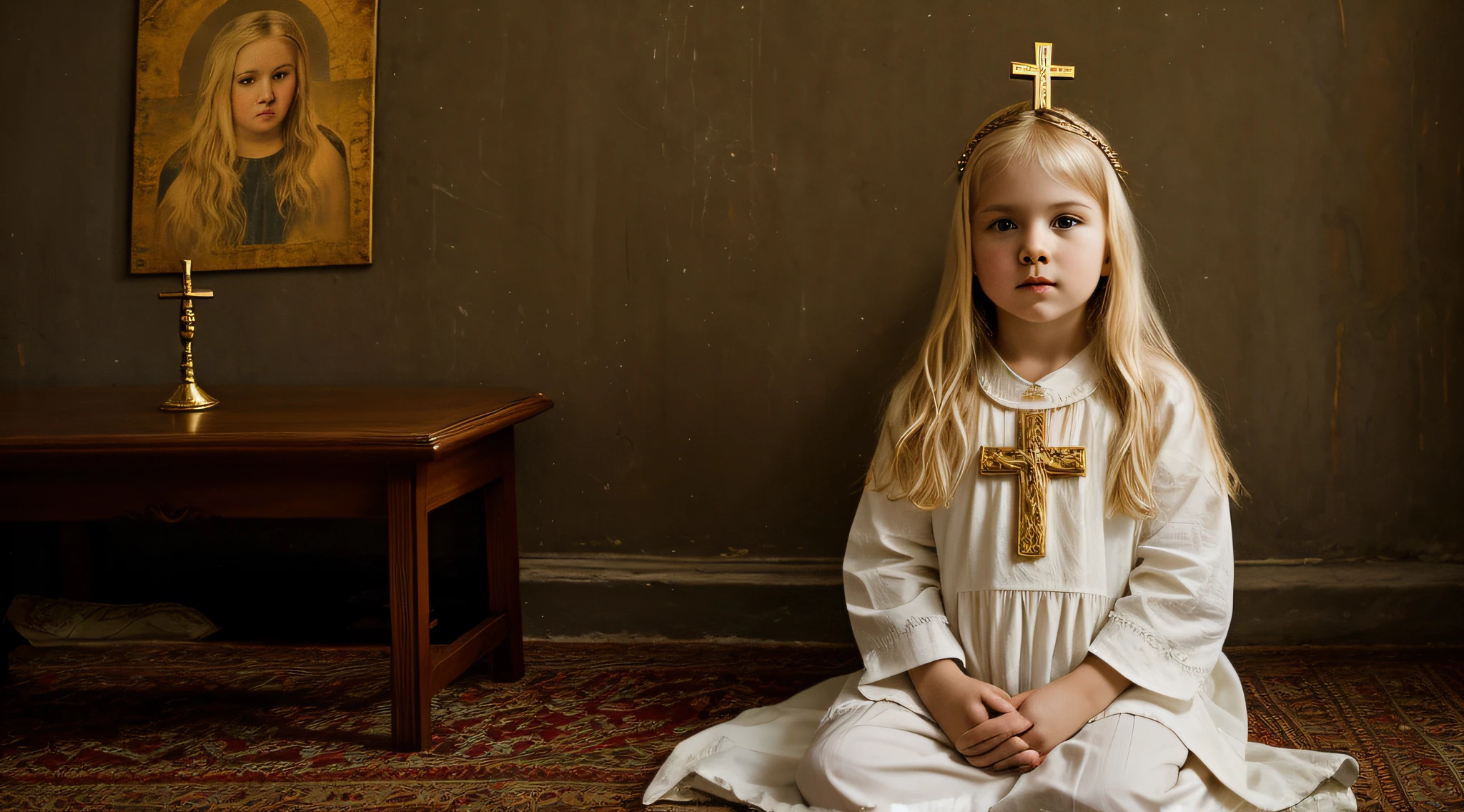 imagem de uma Russian blonde girl , sentados em um trono, With a cross in his hand, CROSSES IN tHE WALL. , Fire And Damnation