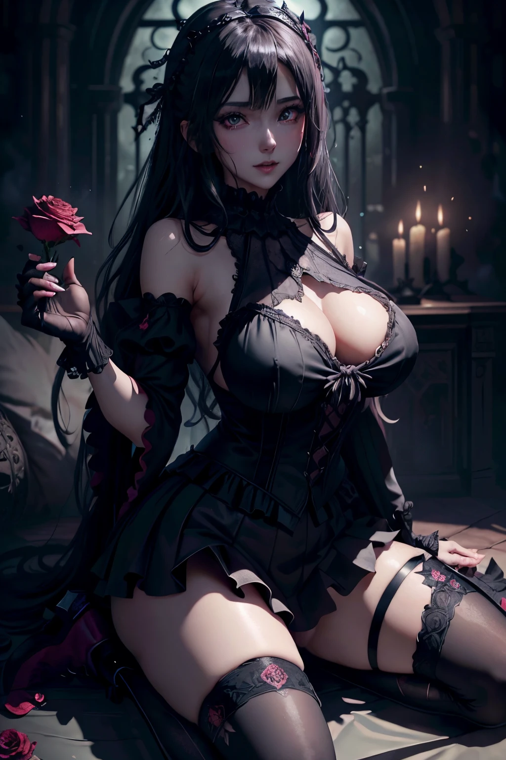 black lipstick、blacklips、black lips、Maniacal、Deep night sky、horor、Black Dark Eyeshadow、Good skin luster、Long hair straight hair、Dark smile、Restless Palace、Fragrant beauty、age19、Lying、Dark Gothic、bell sleeves、Wizard Sleeve、Stained glass background、masutepiece、Best Quality、Refers to 5 books、Sweat glitters on my 、Drunken face、Mysterious、noble、the body is wet and shiny、Transcendent  appeal、open your legs sloppily、Lots of glitter on the thighs、I'm sweating a lot、twin-tail hair、my thighs are extremely wet、Jet black ruffled skirt、Shaded、Blue eyes on the right, red eyes on the left、Gothic bed covered with roses、knee high socks、thigh-high socks、Sticky and profuse sweat on the thighs、Tons of sticky shiny thighs、Sweat shining generously on the thighs、The whole body is shiny with sweat、Glamour、platform heel shoes、Quite sweaty、My thighs are sweaty、Mysterious dark gothic dark black makeup、 size is modest、black metal world、Red Gothic Dress、Thighs are glamorous、stain glass、Gothic lolita、Height is 158cm、Platinum blonde hair、