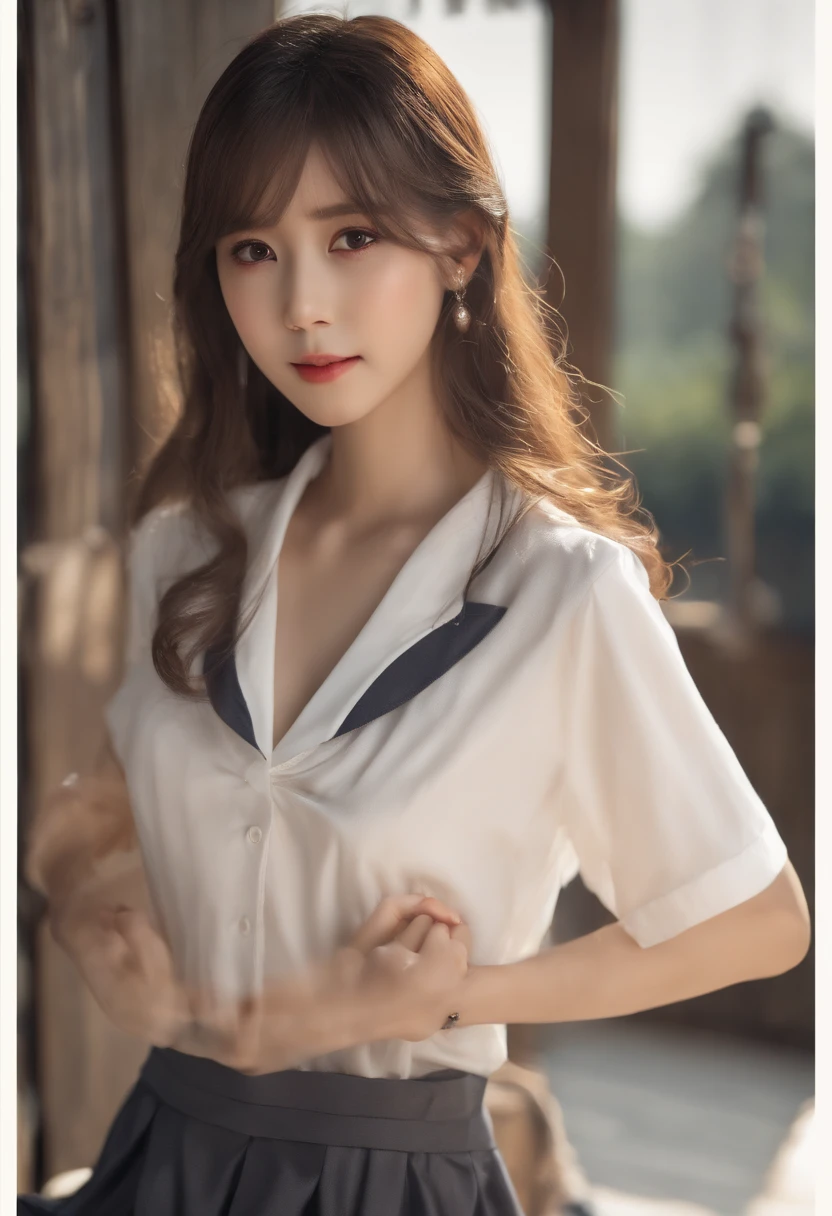 molesting、top-quality、hight resolution、ultra-detailliert、​masterpiece、Raw photography:2、realisitic:2、Photorealsitic:2、extremely delicate and beautiful、finely detail、Textured skin、1girl in、Solo、Alone:2、Japan schoolgirl in uniform、Sailor suit and navy blue short skirt:1.5、beauitful face:1.5、(slim figure)、Colossal tits、Old man in shorts with short sleeves、(Hugging her from behind)、(touching breasts:1.3)、(Old man taking off white panties:1.3)(She sheds tears:1.4)、Draw in clear detail whose hand it is、White lace panties、The shape of the woman's pubic area is clearly visible、Old man rubbing girl's chest、
