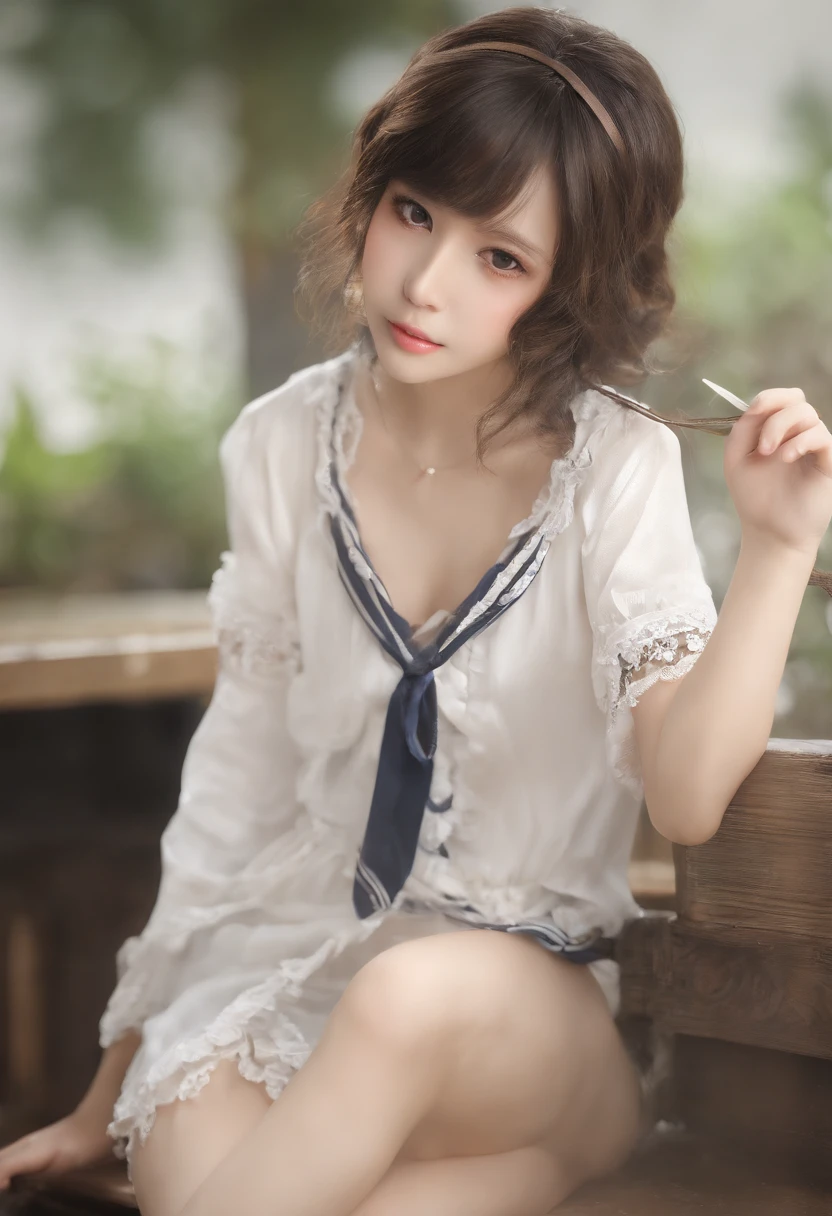 molesting、top-quality、hight resolution、ultra-detailliert、masterpiece、Raw photography:2、realisitic:2、Photorealsitic:2、extremely delicate and beautiful、finely detail、Textured skin、1girl in、Solo、Alone:2、Japan schoolgirl in uniform、Sailor suit and navy blue short skirt:1.5、beauitful face:1.5、(slim figure)、Colossal tits、Old man in shorts with short sleeves、(Hugging her from behind)、(touching breasts:1.3)、(Old man taking off white panties:1.3)(She sheds tears:1.4)、Draw in clear detail whose hand it is、White lace panties、The shape of the woman's pubic area is clearly visible、Old man rubbing girl's chest、
