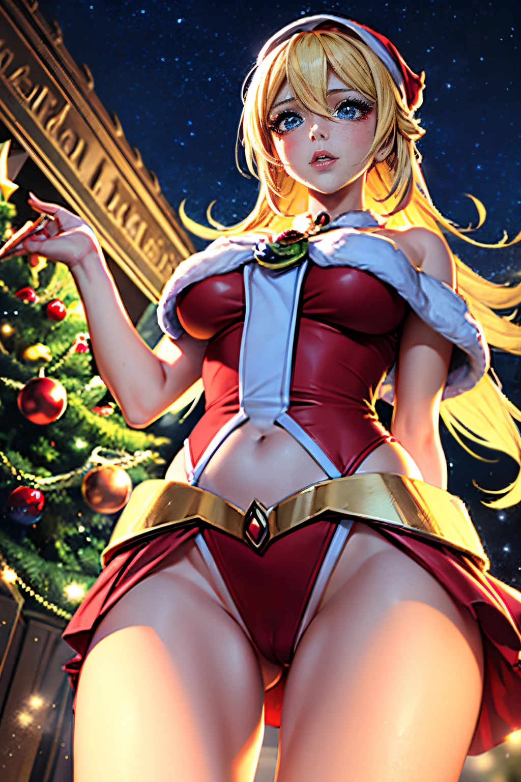 (Obra maestra:1.2), (La mejor calidad:1.2), Perfect lighting, Chica Maga Oscura vestida de navidad . Rojo y blanco. lanzando un hechizo, flotando en el aire, fondo de magia. Corazones transparente en el ambiente, pose sejustiva y sensual. Fondo de Navidad. Nieve. Luces de navidad.