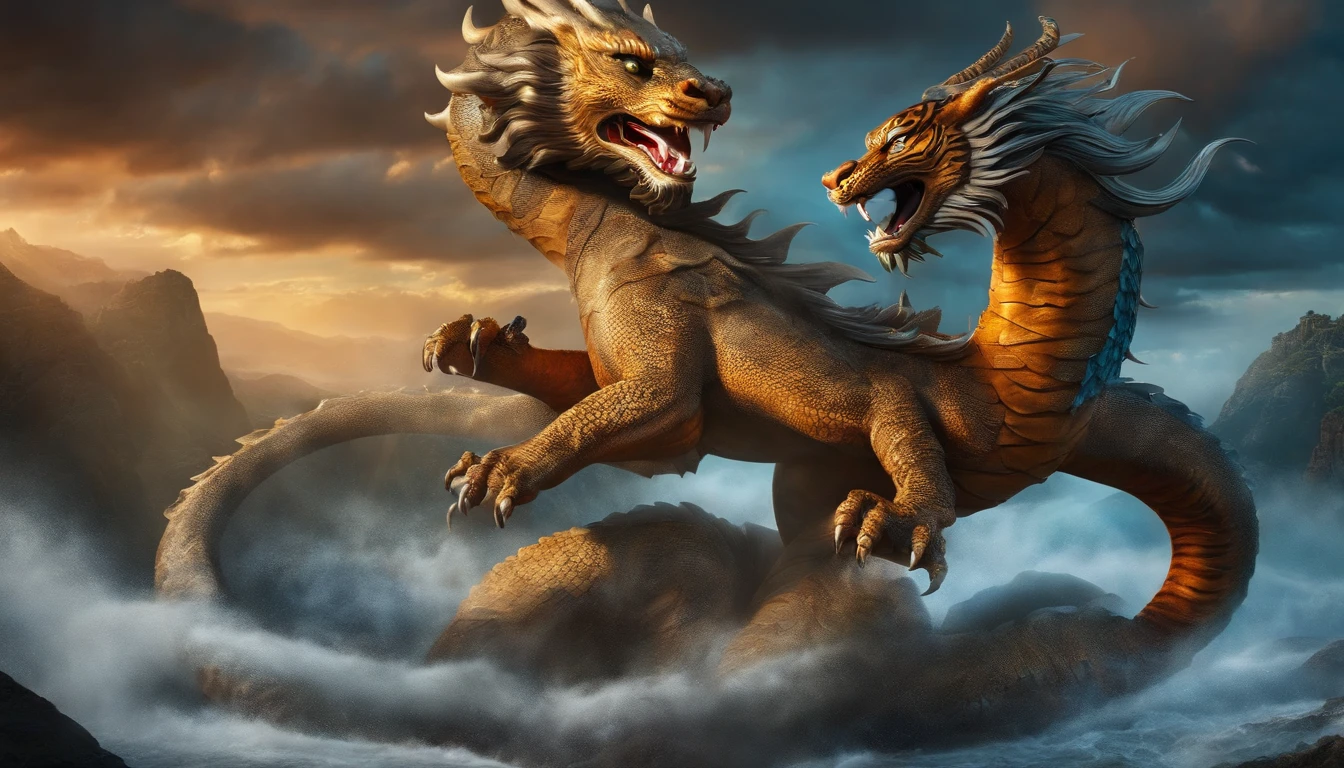 An ancient Dragon fighting a Tiger representing Yin and Yang