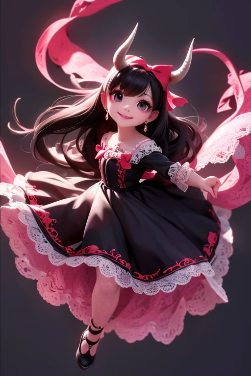 masterpiece, best quality, a (horned demon girl) smiling, wearing a lace cloth dress, black hair, red smokey eyes makeup, ((hair accesories)), tights, pumps, dramatic magic floating pose, (full body), (((sfw)))