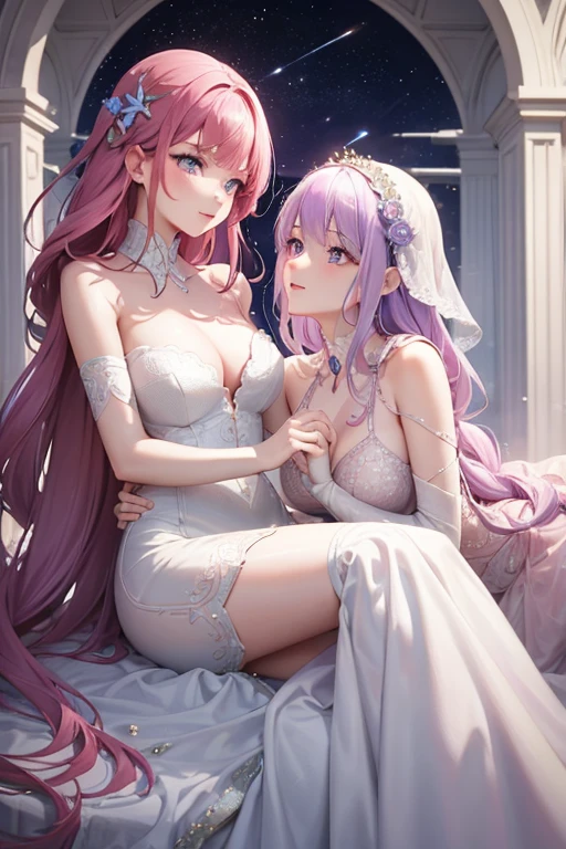 A pink haired woman with violet eyes is hugging a white woman with blue eyes in gowns in a celestial palace