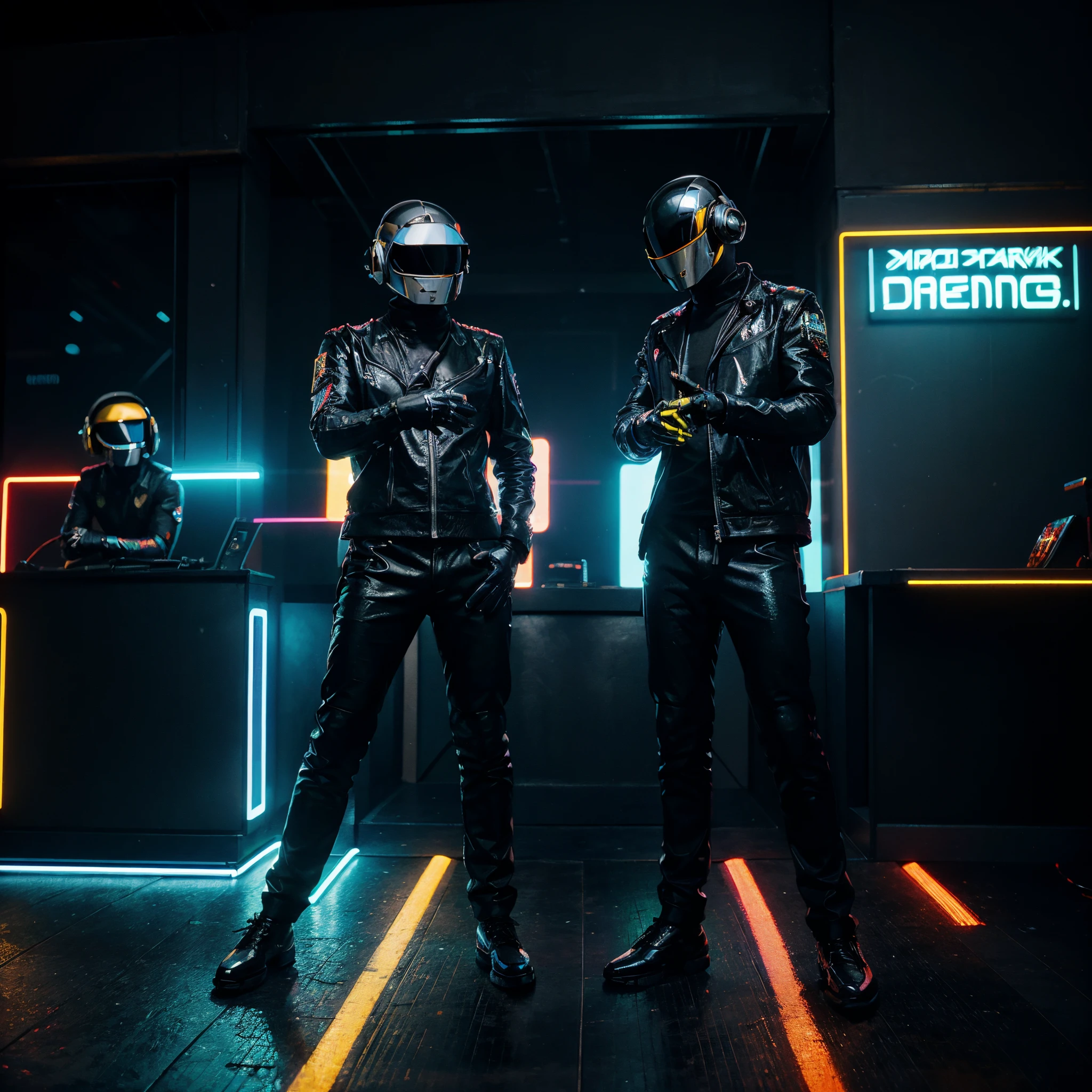 Painting of Daft Punk performing as DJs. Half body shot. Scene is inside a Cyberpunk nightclub, neon dancefloor, Shiny Disco Ball shining with reflections. Neon signs in the background. Photo realistic, hyper realistic. Masterpiece. Extremely detailed. Art.