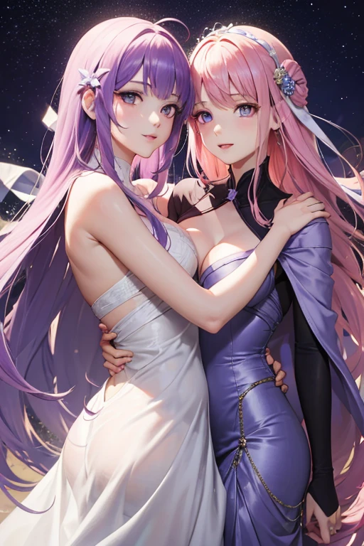A pink haired woman with violet eyes is hugging a white  woman with blue eyes in gowns in a celestial palace