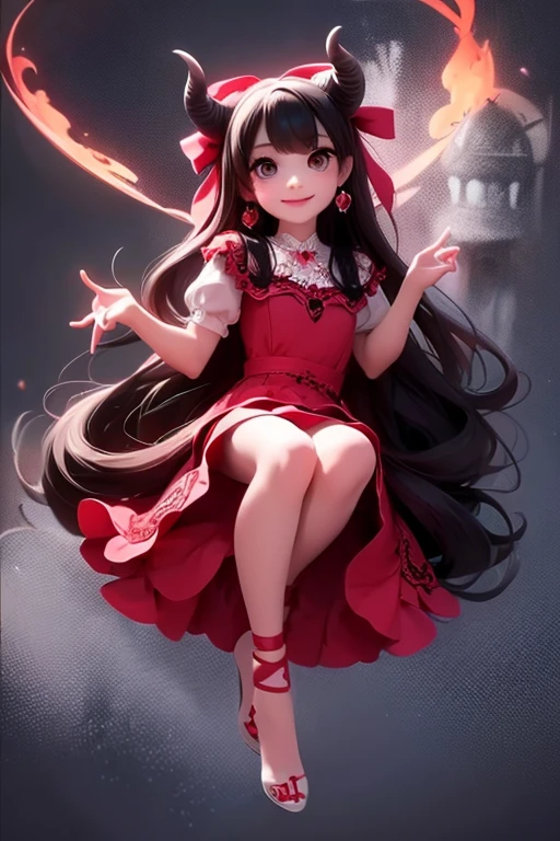 masterpiece, best quality, detailed face, a (horned demon girl) smiling, wearing a lace cloth dress, black hair, red smokey eyes makeup, (hair ribbon), choke, earrings, dramatic magic floating pose, (full body),