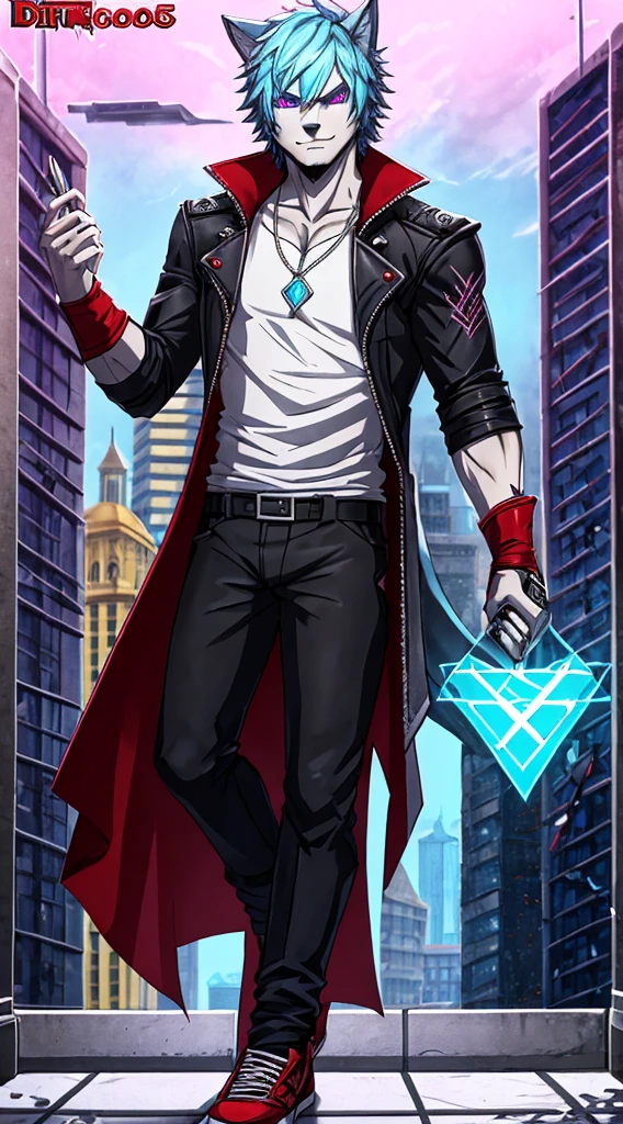 (Best Quality), Digital Drawing, 1 Male, Adult, Anthropomorphic Dark Gray Canid Wolf, Full Body, Standing Pose, Violet Eyes, Dark Gray Furs, Wolf Tail, Black Medium Hair, Wearing Dante's Clothes (from DmC: Devil May Cry one, released in 2013) and His Clothes Only, Muscular Body, Furry Paws as Hands, Good Looking, Serious Expression, Cool Pose, Red and White Shoes, 1 Big Cyan Horizontal Scar-like Marking on the Right Side of the Right Eye, 2 Medium Cyan Vertical Scar-like Markings Beneath of the Left Eye, Holding Sports Sunglasses in one of His Hands, City Background, Wearing a Shirt, Shirt with a Stamp of an Yellow Atom.