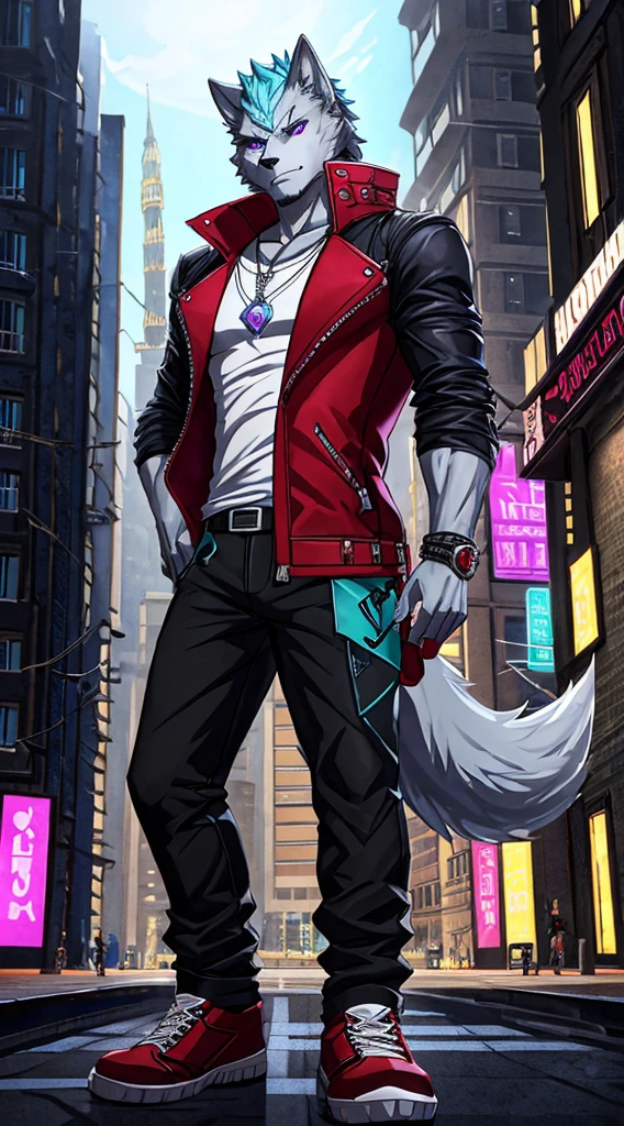 (Best Quality), Digital Drawing, 1 Male, Adult, Anthropomorphic Dark Gray Canid Wolf, Full Body, Standing Pose, Violet Eyes, Dark Gray Furs, Wolf Tail, Black Medium Hair, Wearing Dante's Clothes (from DmC: Devil May Cry one, released in 2013) and His Clothes Only, Muscular Body, Furry Paws as Hands, Good Looking, Serious Expression, Cool Pose, Red and White Shoes, 1 Big Cyan Horizontal Scar-like Marking on the Right Side of the Right Eye, 2 Medium Cyan Vertical Scar-like Markings Beneath of the Left Eye, Holding Sports Sunglasses in one of His Hands, City Background, Wearing a Shirt, Shirt with a Stamp of an Yellow Atom.