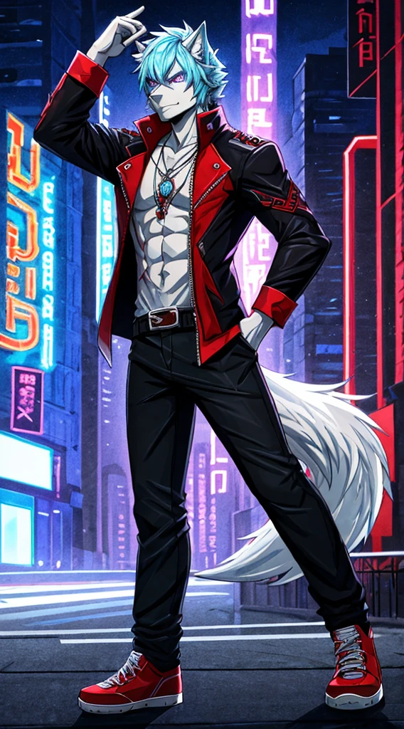 (Best Quality), Digital Drawing, 1 Male, Adult, Anthropomorphic Dark Gray Canid Wolf, Full Body, Standing Pose, Violet Eyes, Dark Gray Furs, Wolf Tail, Black Medium Hair, Wearing Dante's Clothes (from DmC: Devil May Cry one, released in 2013) and His Clothes Only, Muscular Body, Furry Paws as Hands, Good Looking, Serious Expression, Cool Pose, Red and White Shoes, 1 Big Cyan Horizontal Scar-like Marking on the Right Side of the Right Eye, 2 Medium Cyan Vertical Scar-like Markings Beneath of the Left Eye, Holding Sports Sunglasses in one of His Hands, City Background, Wearing a Shirt, Shirt with a Stamp of an Yellow Atom.