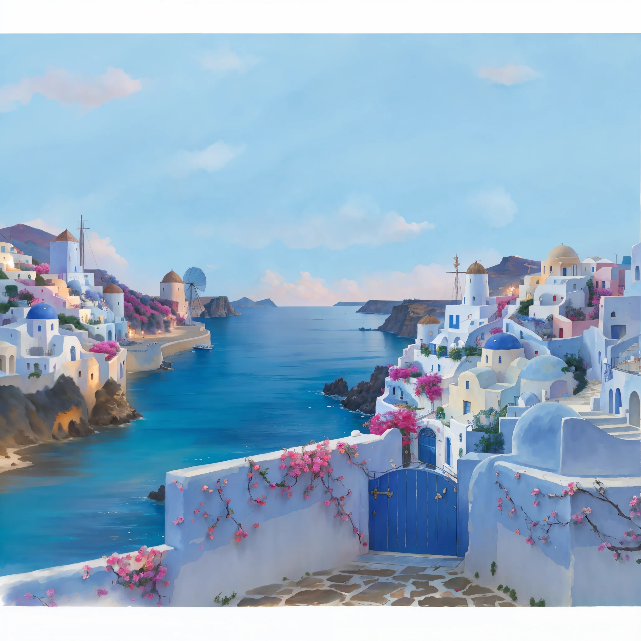 oil painting (oil paint) view of a city with a blue gate and a body of water, Panorama da fantasia grega, Paisagem grega da fantasia, Mediterranean View, mediterranean island scenery, Mediterranean town, in a mediterranean lanscape, mediterranean fisher village, Santorini, em Ilha Santorini, scenery artwork, greek setting, detailed scenery—width 672, fundo da cena da porta, mediterranean landscape, illustration matte painting