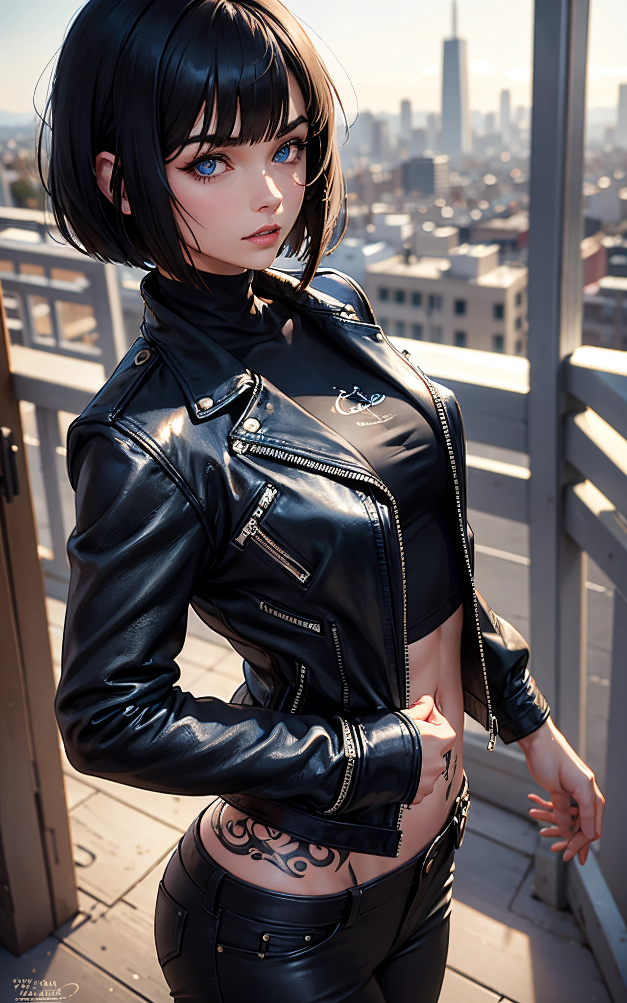 Beautiful 25 year old woman, black hair, Bob cut, blue eyes, sightly muscled, messy hair, tattooed neck, leather jacket, San Francisco in the background, detailed, hdr.
