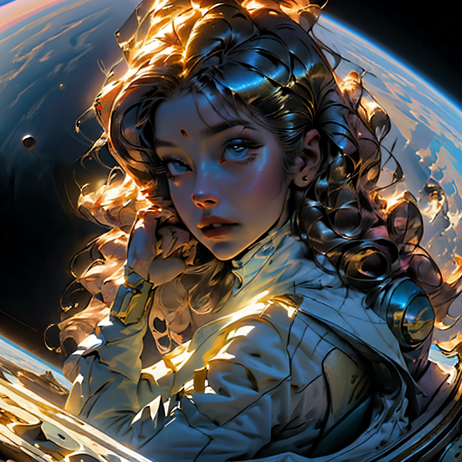 a woman in a space suit of gold, hold helmet and stars, girl in a cosmic dress, beautiful woman in spacesuit, melting away costume and helmet, cyborg goddess in cosmos, powerful woman sitting in space, highly detailed vfx portrait, light sparkle particles, goddess of space and time, classic movie poster, 8k cinematic, volumetric lighting, golden colors